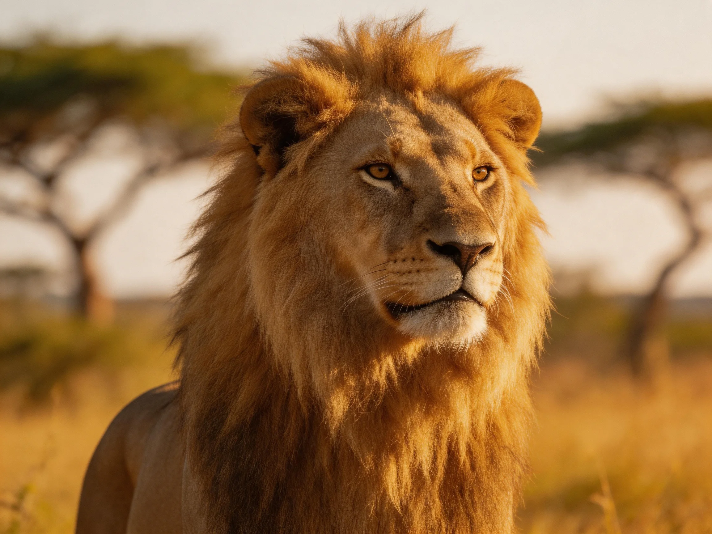A majestic male lion stands in a sunlit savannah landscape.