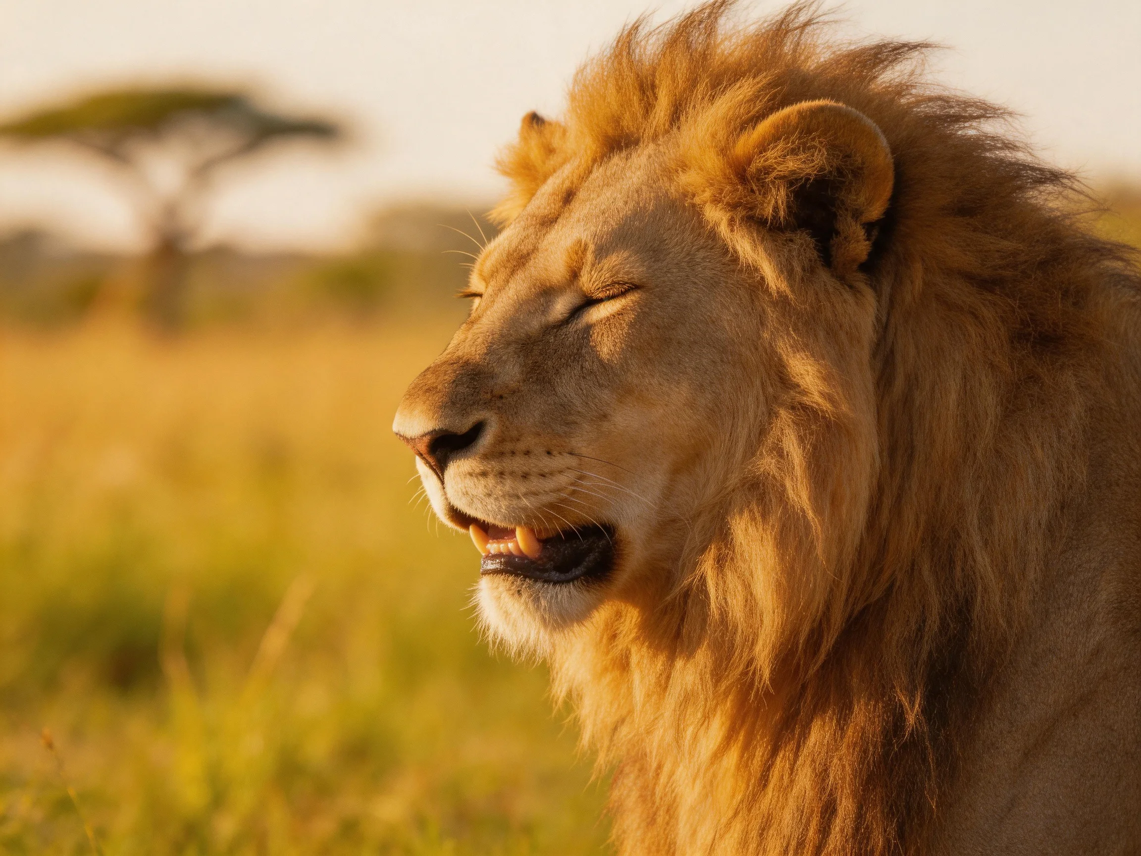 A male lion rests with closed eyes amid sunlit savannah grass