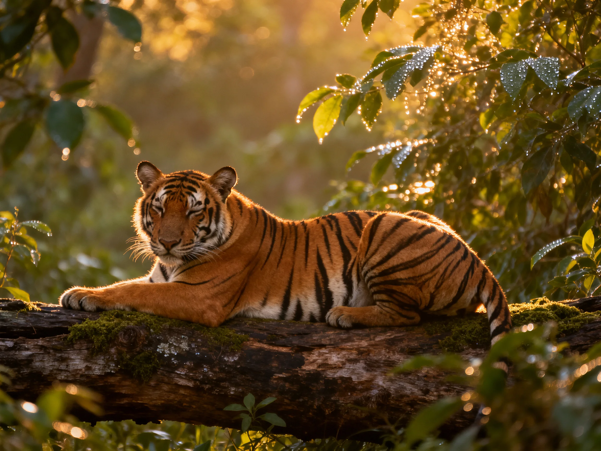 An orange tiger relaxes on a mossy log amid lush greenery