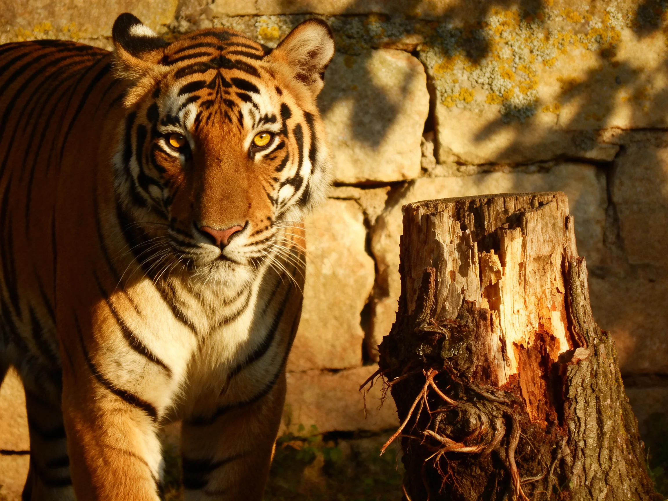 A majestic orange tiger near a weathered wooden stump by a stone wall