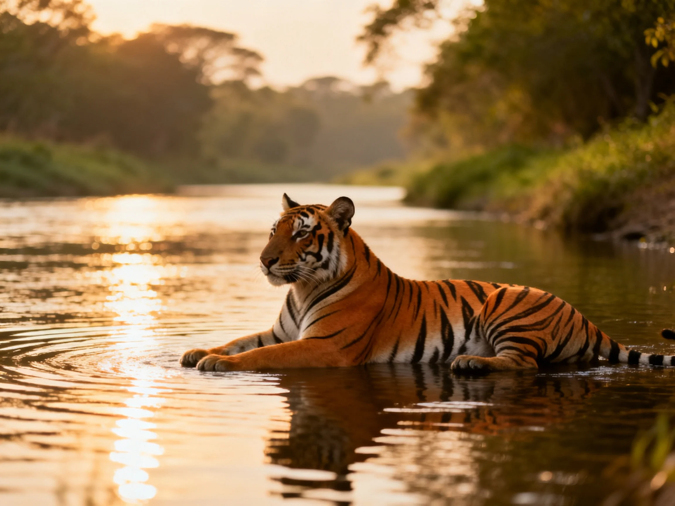 A tiger rests in a sunlit river with green surroundings.