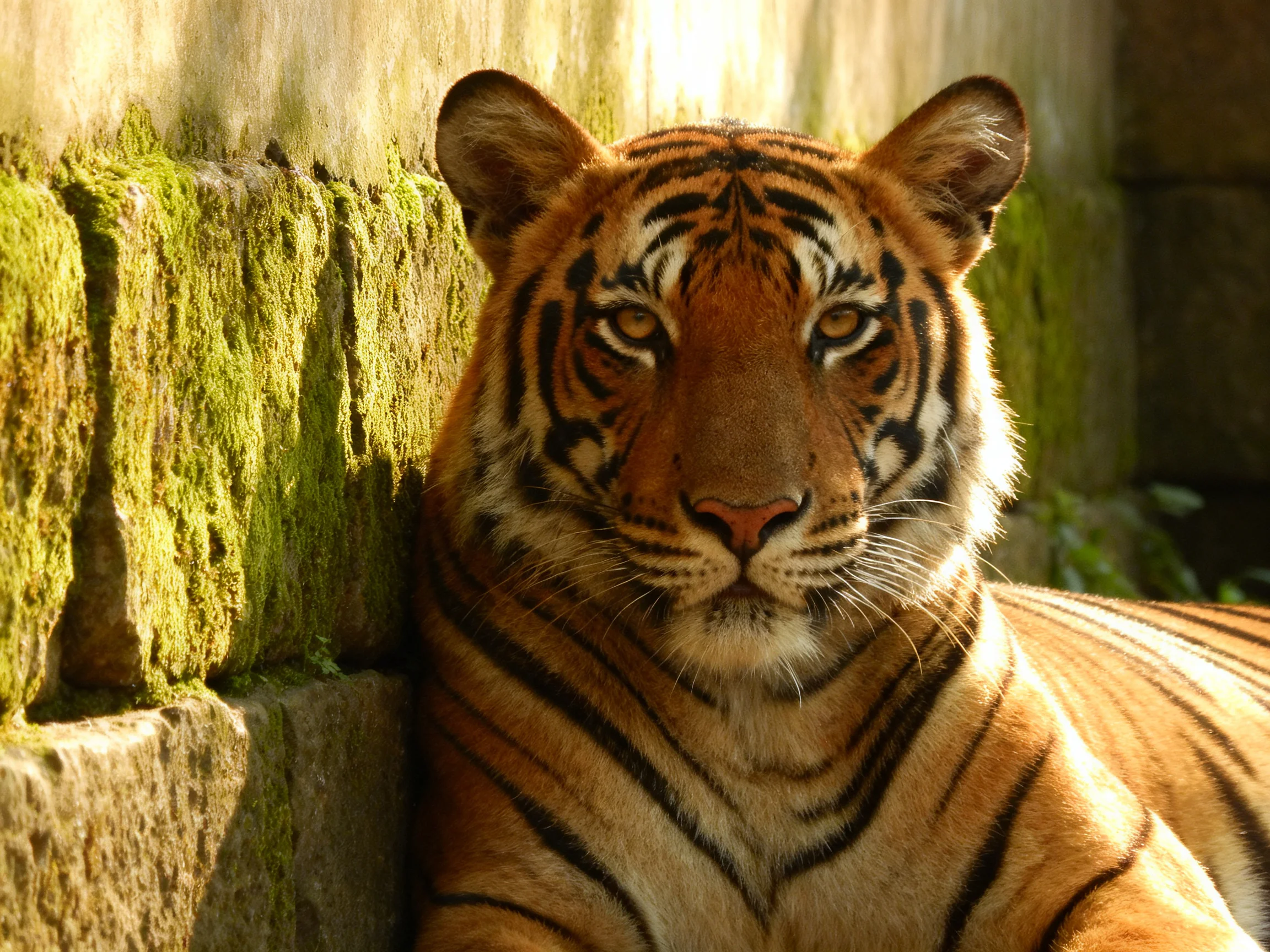 An orange tiger rests beside a weathered stone wall with green moss.