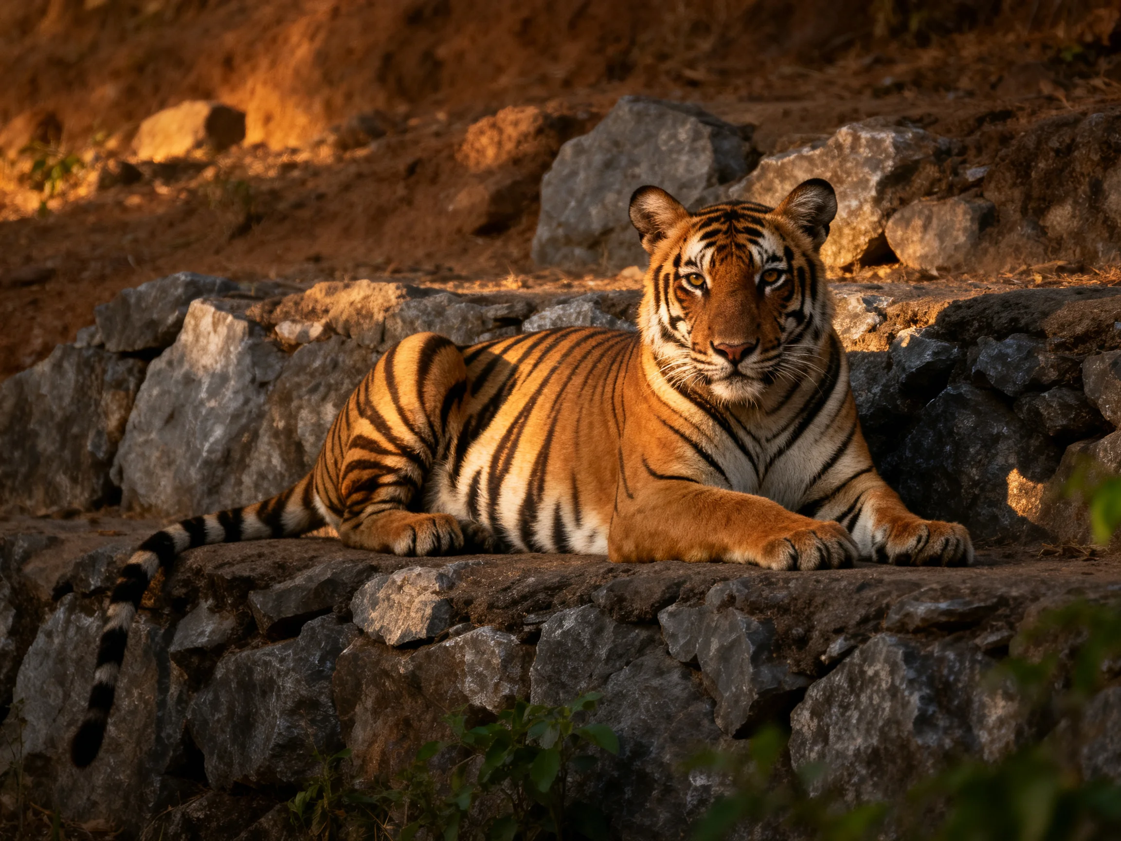 An orange tiger lies calmly on rocky terrain illuminated by warm light.