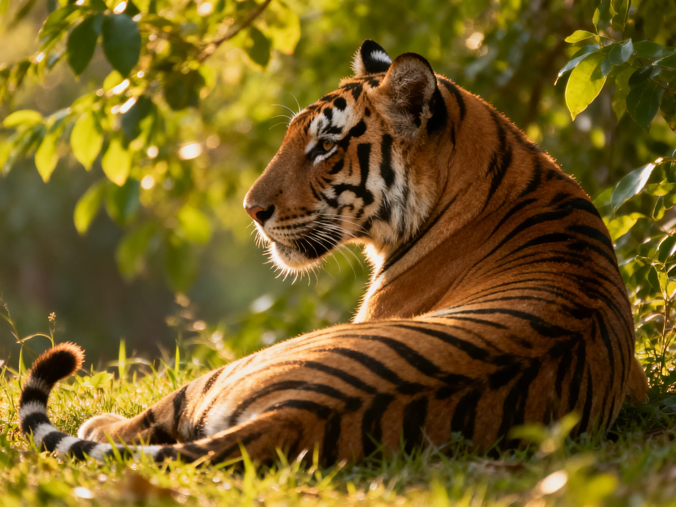 An orange tiger with black stripes relaxes in a sunlit, leafy environment.