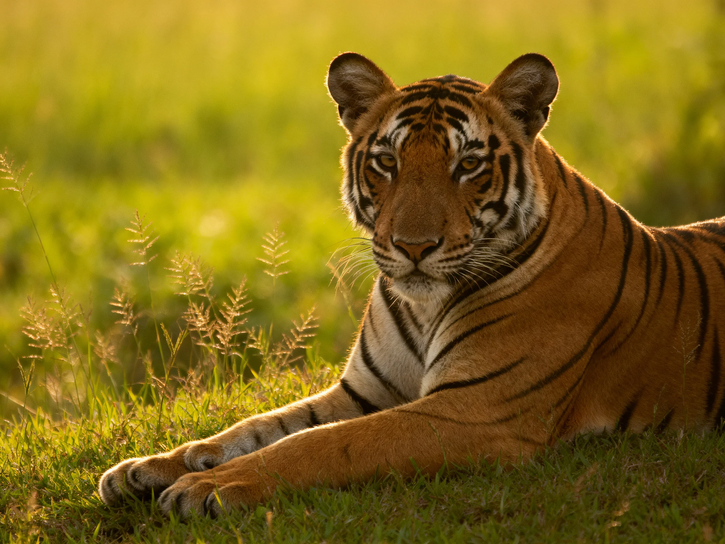 A majestic orange tiger rests calmly in a sunlit grassy field.