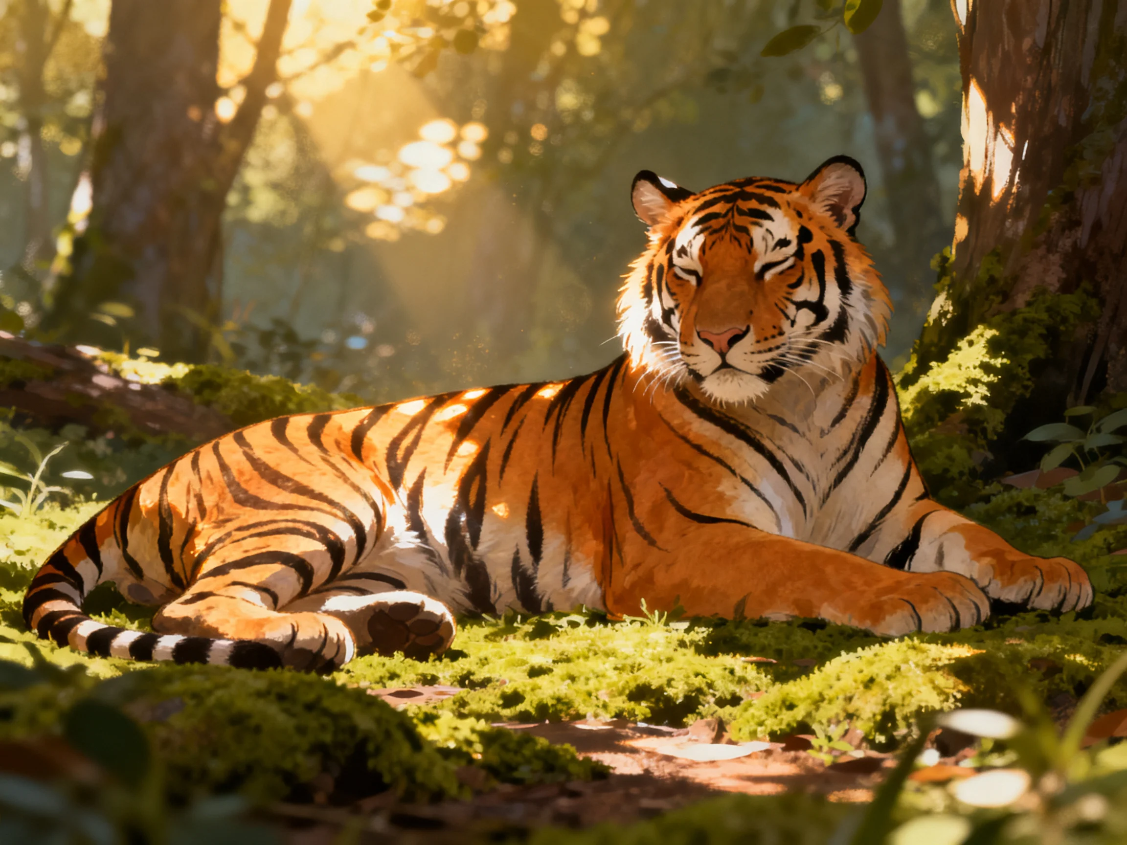 An orange tiger relaxes on mossy ground in a sunlit forest.