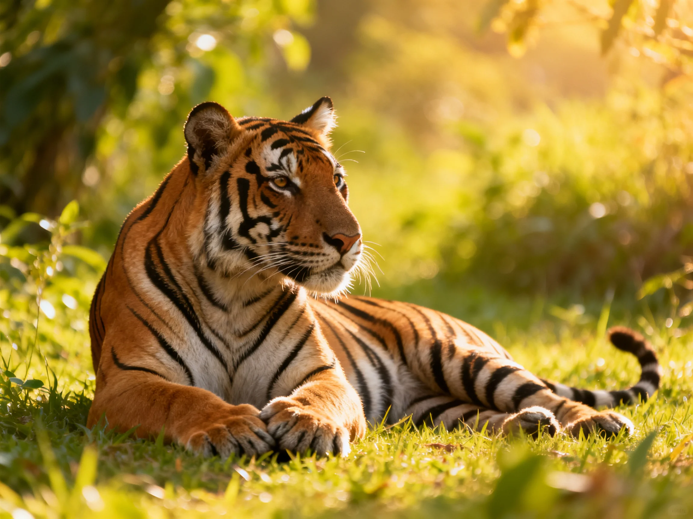 An orange tiger relaxes on grass in a sunlit natural setting.