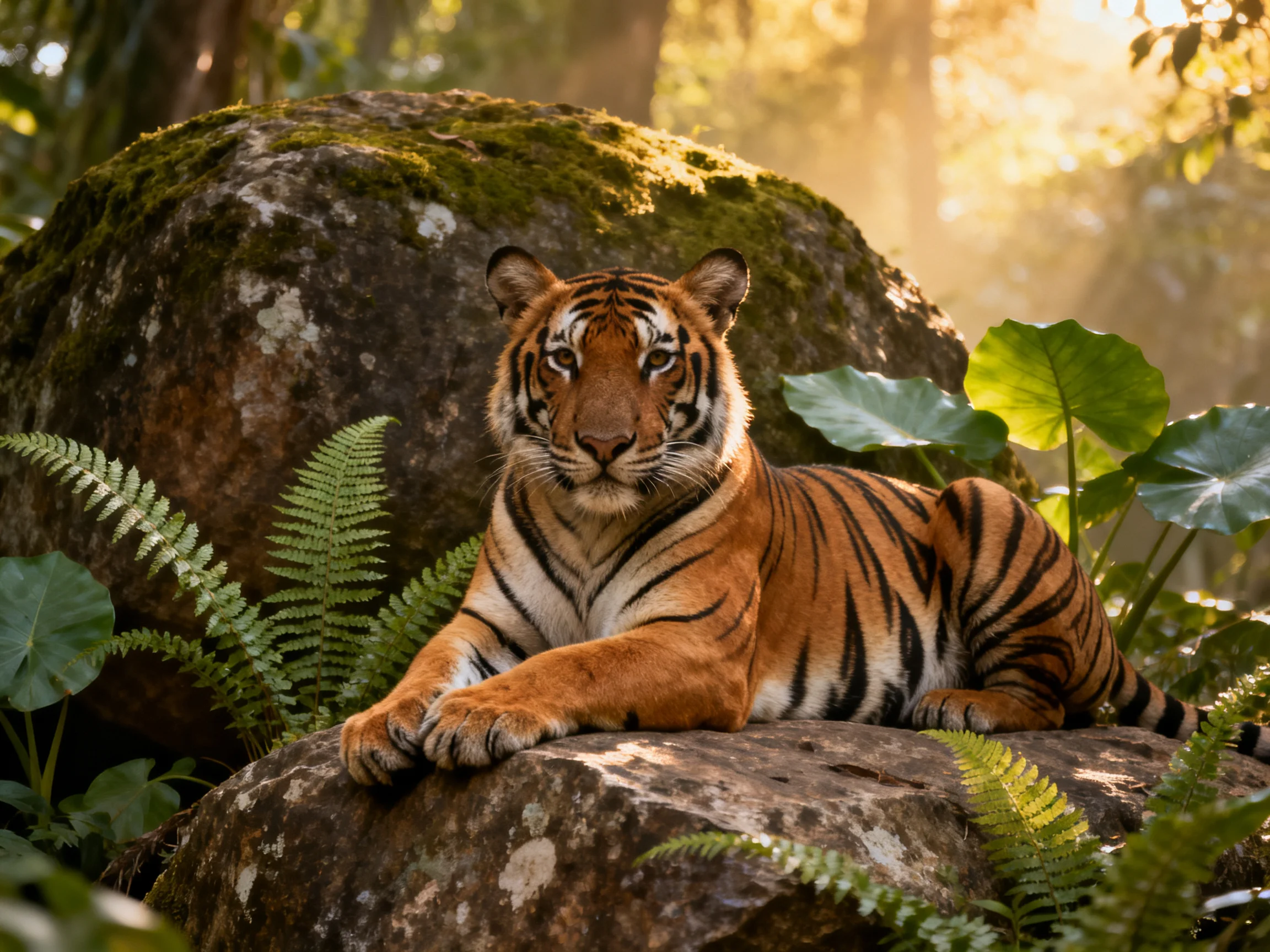 An orange tiger relaxes near moss-covered rocks in a sunlit forest.