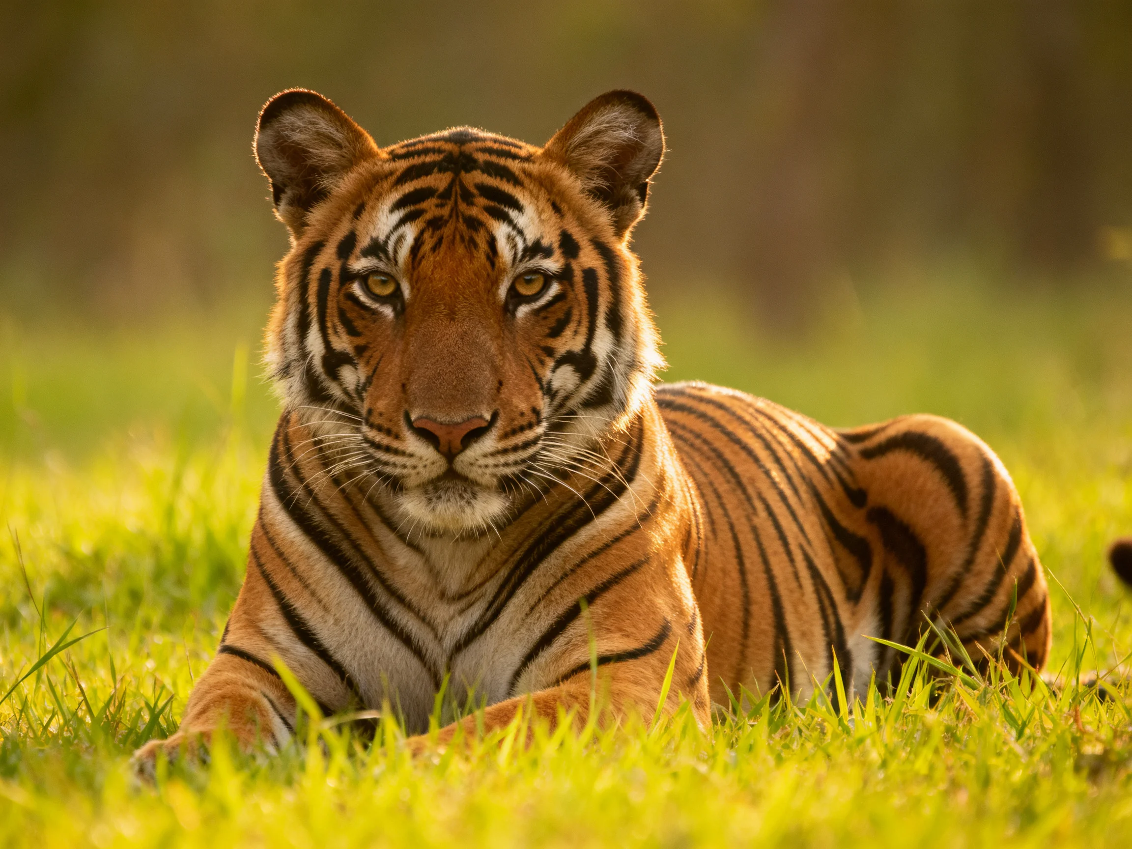 An orange tiger with bold black stripes relaxes in tall green grass.