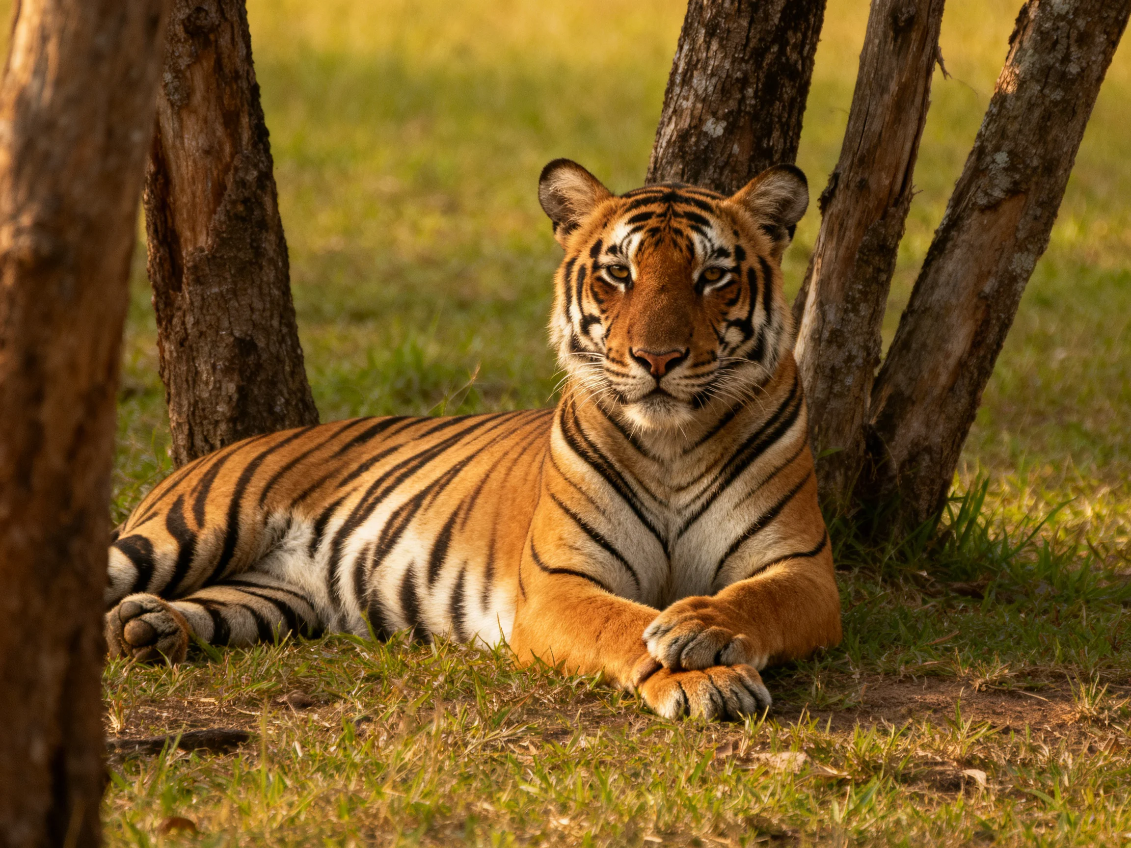 An orange tiger rests near tree trunks in a sunlit grassy area.