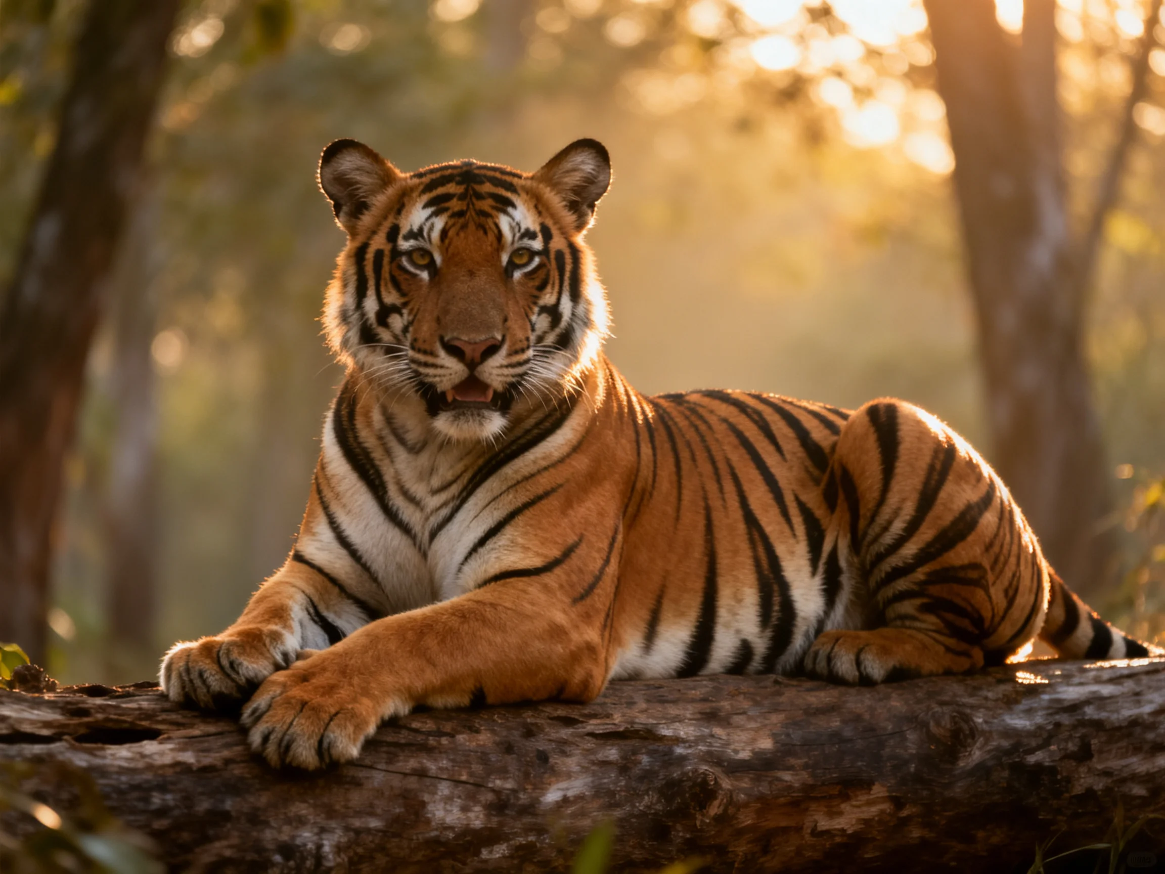 An orange tiger relaxes on a log in a sunlit forest.