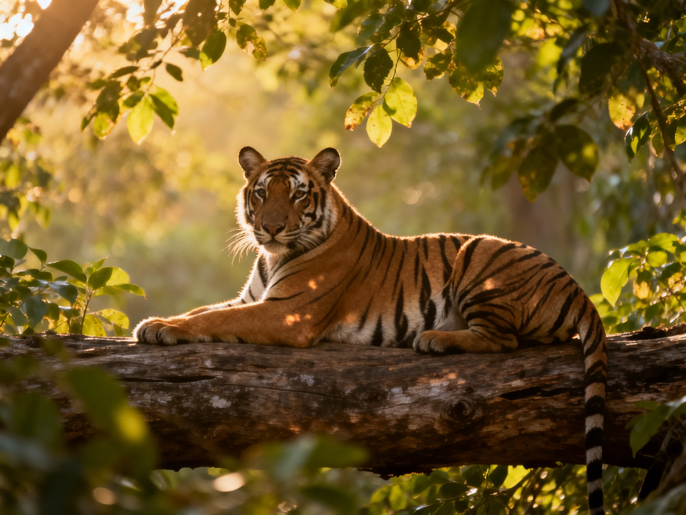 An orange tiger relaxes on a log in a sunlit forest setting.