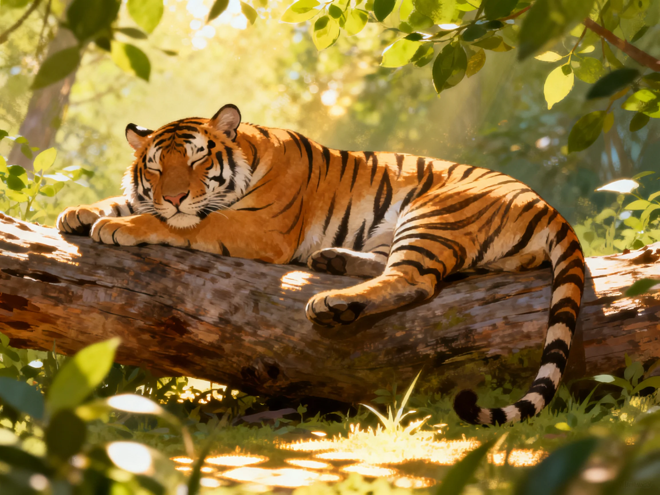 An orange tiger relaxeson a fallen log in a sun-drenched forest setting.