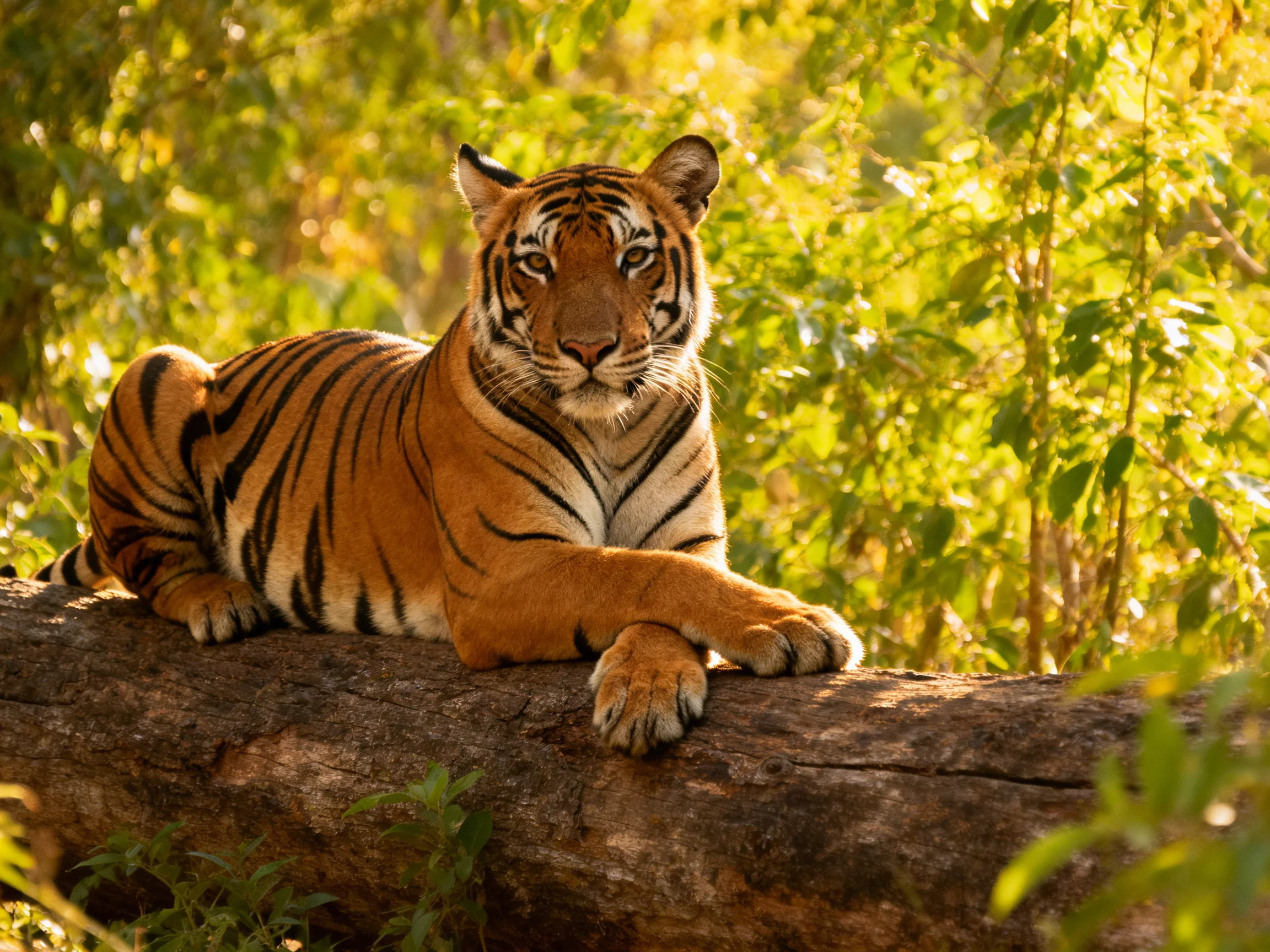 A tiger rests on a log surrounded by dense greenery in a sunlit environment.