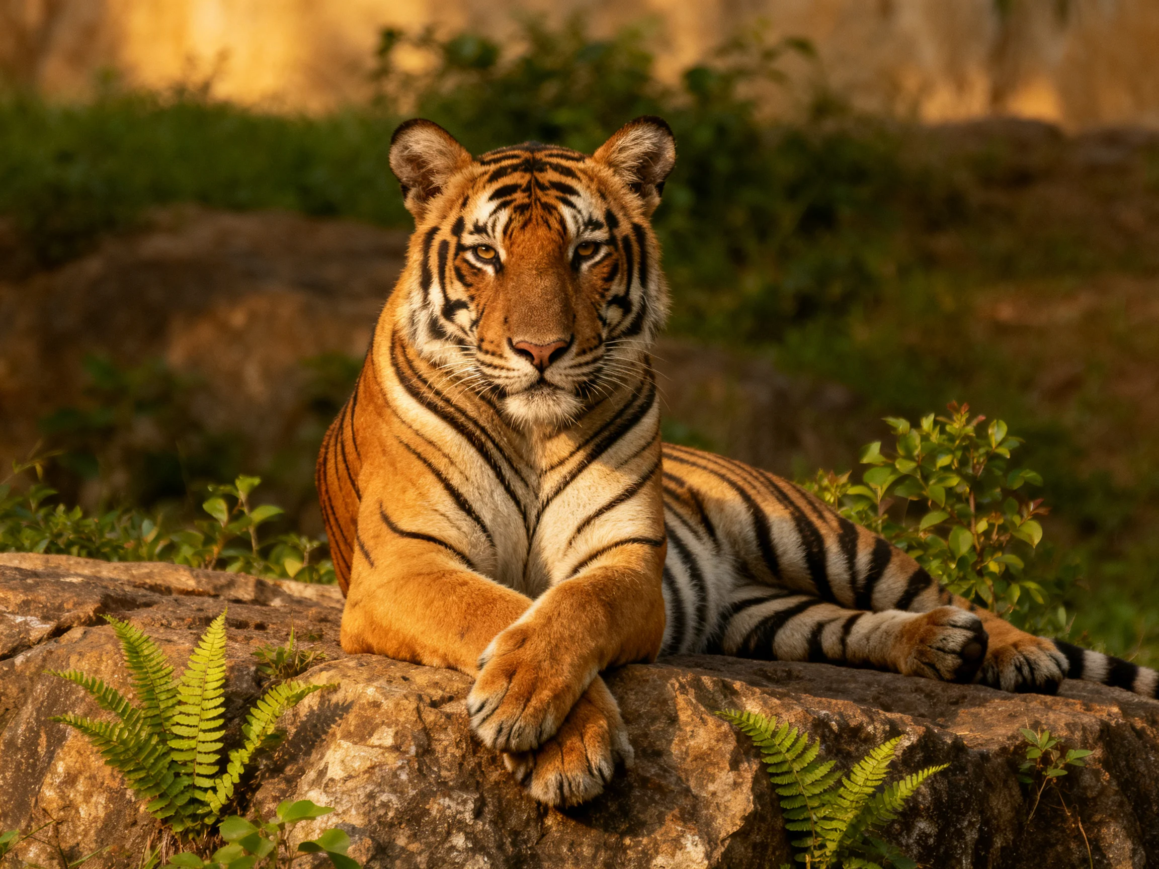 An orange tiger with black stripes relaxes on a rock surrounded by plants.