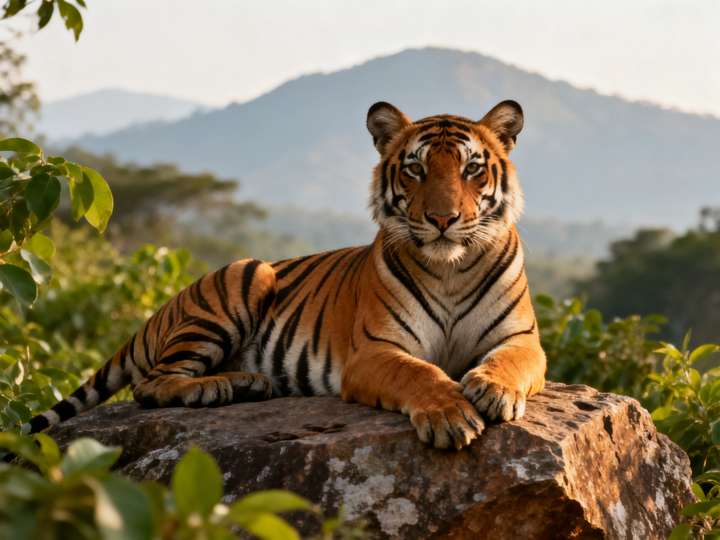 An orange tiger relaxes on a rock surrounded by greenery with distant mountains.