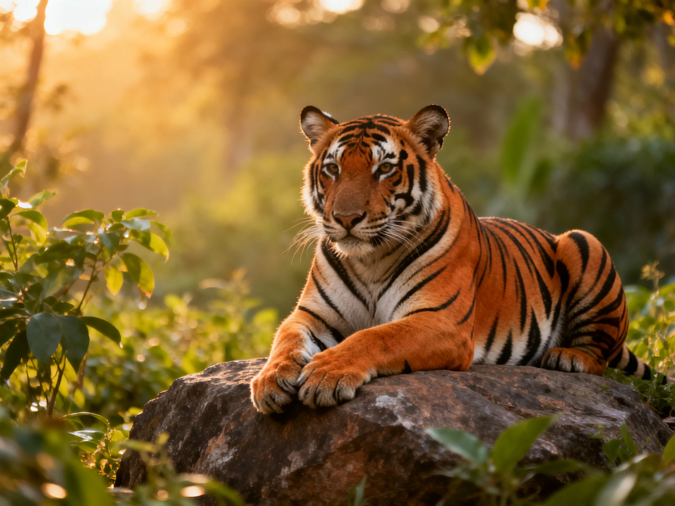 An orange tiger relaxes on a rock amid lush greenery in a sunlit forest.