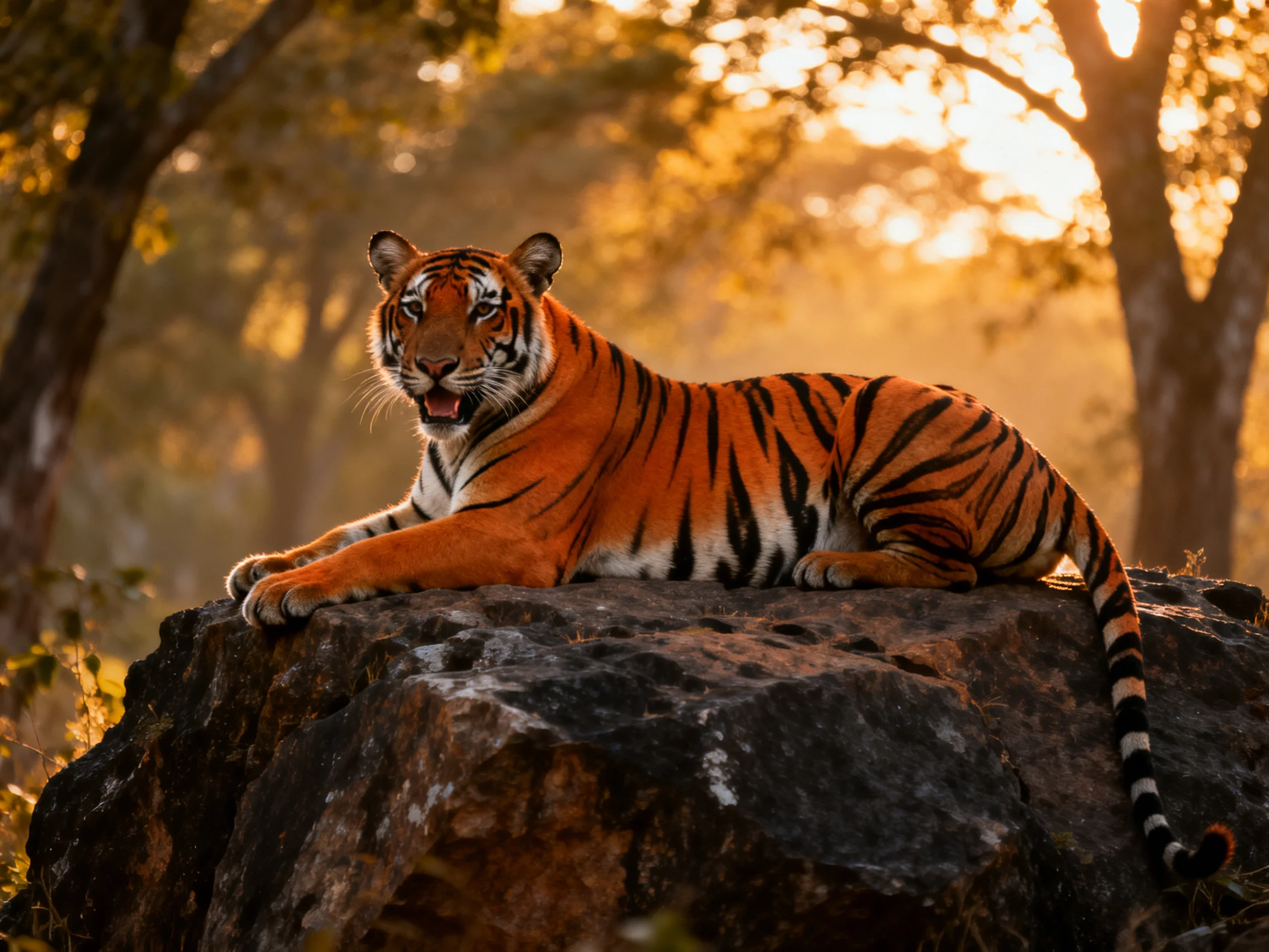A single orange tiger lies on a dark rock amidst golden forest light.