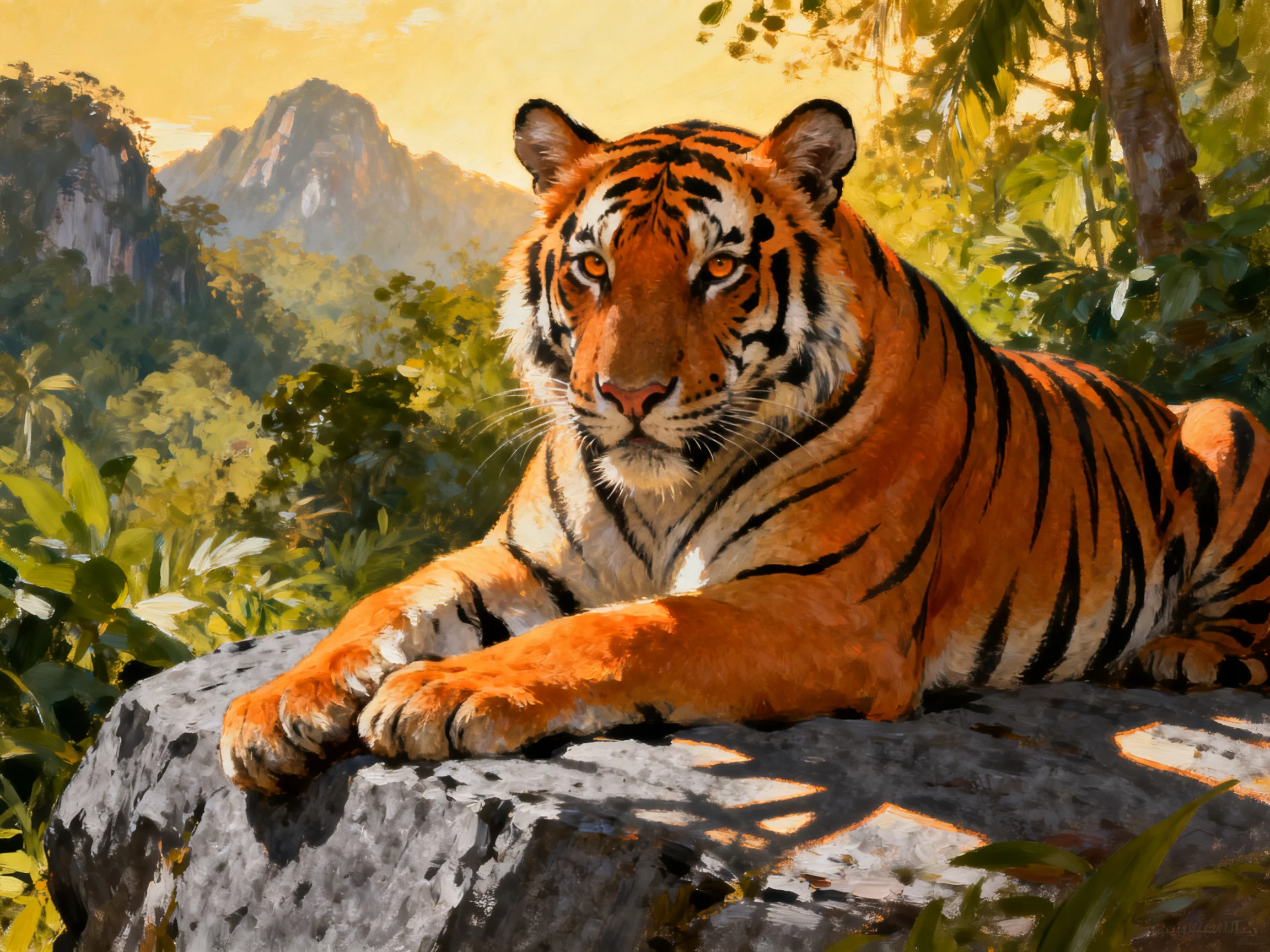 An orange tiger relaxes on a rock surrounded by dense vegetation in a sunlit jungle