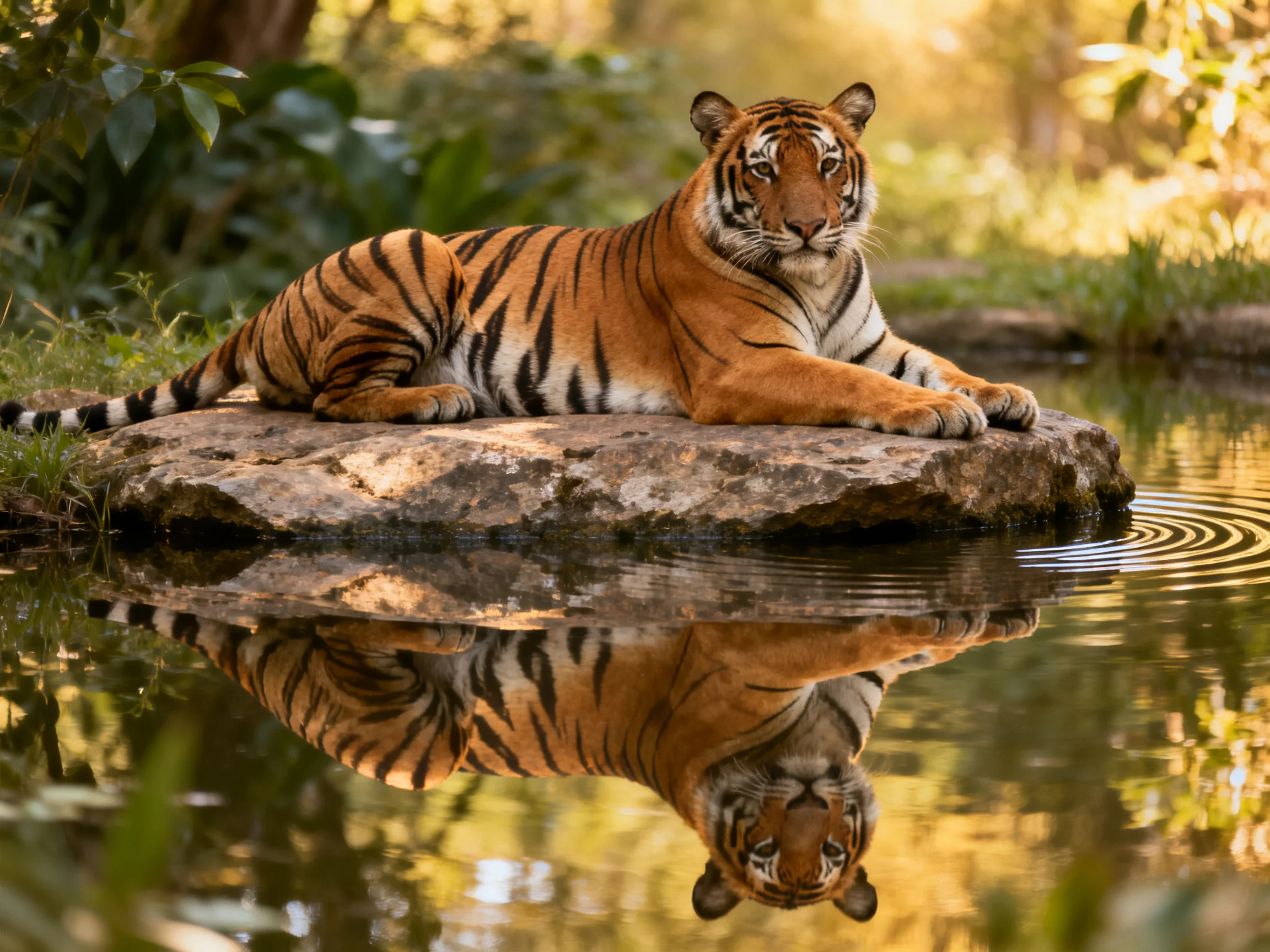 An orange tiger relaxes on a rock with its reflection in nearby water.