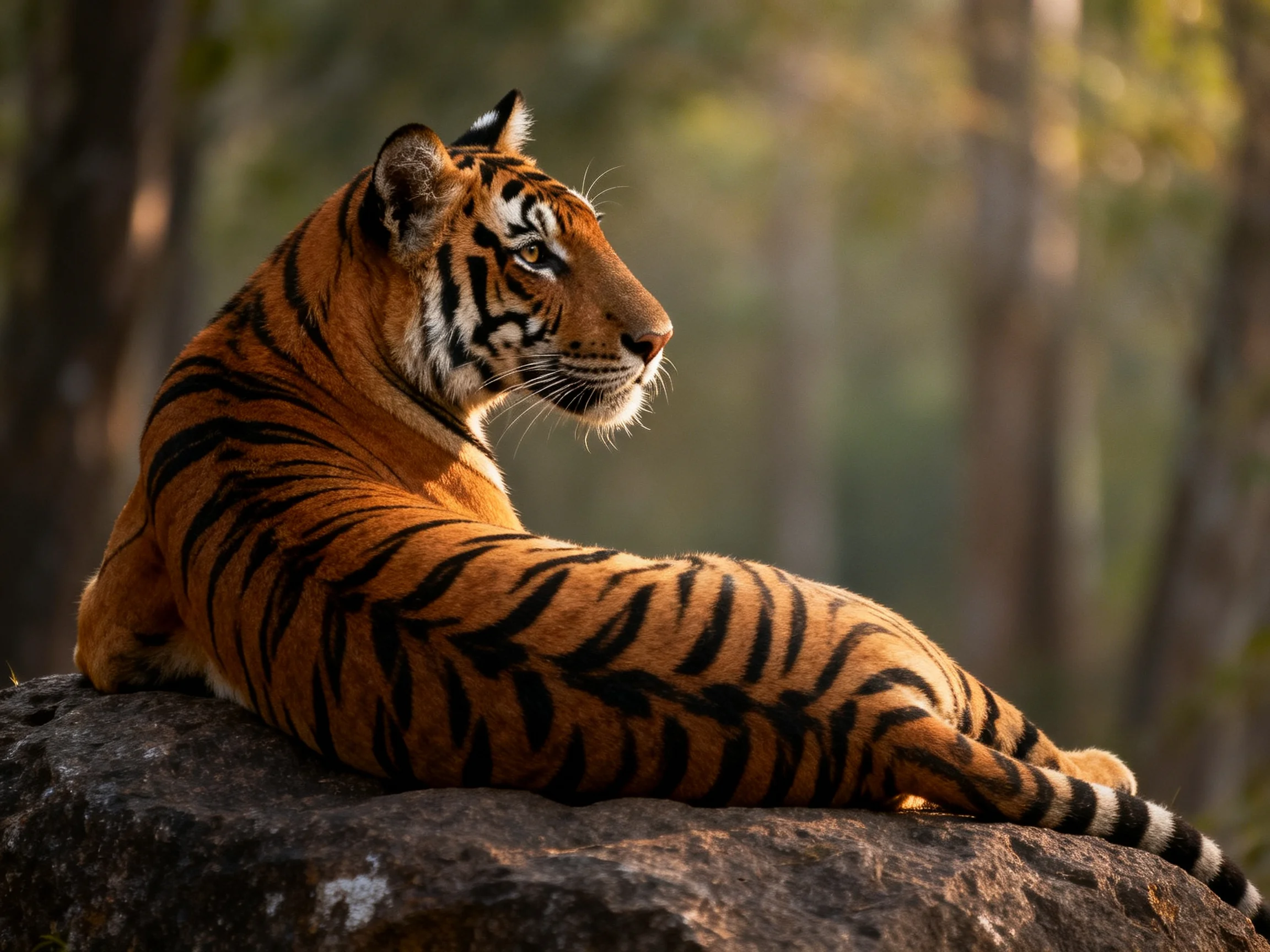 A tiger relaxes on a rock in a sunlit forest environment.