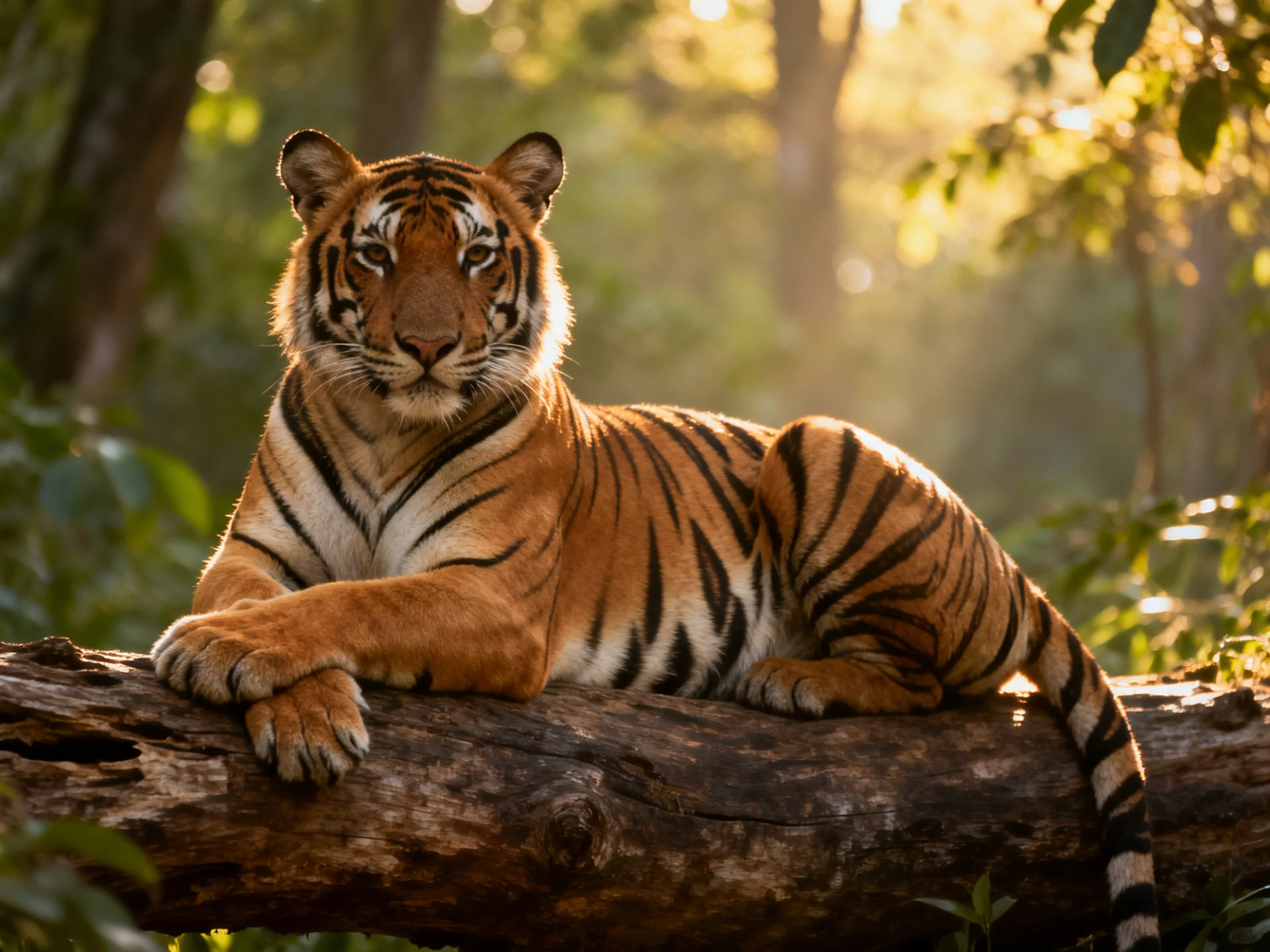 An orange tiger lounges on a log surrounded by forest foliage.