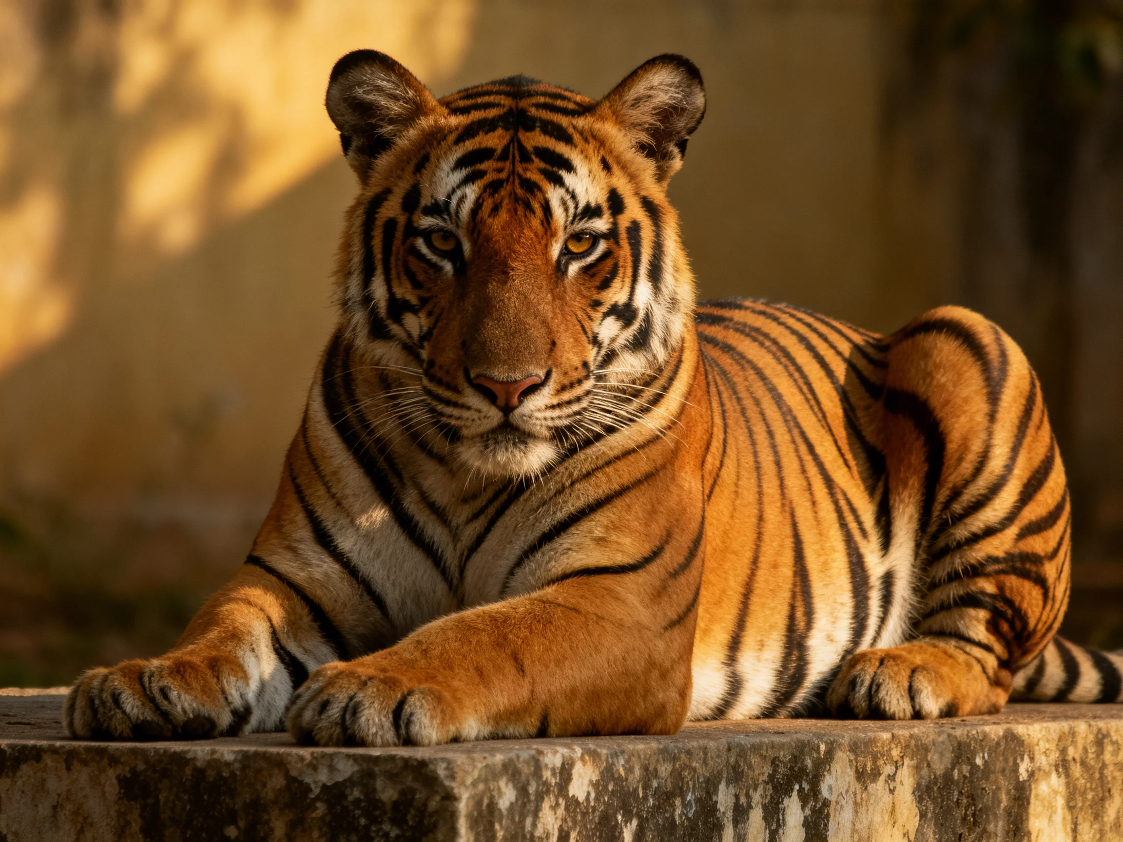 A majestic orange tiger rests on a weathered stone ledge in golden light.