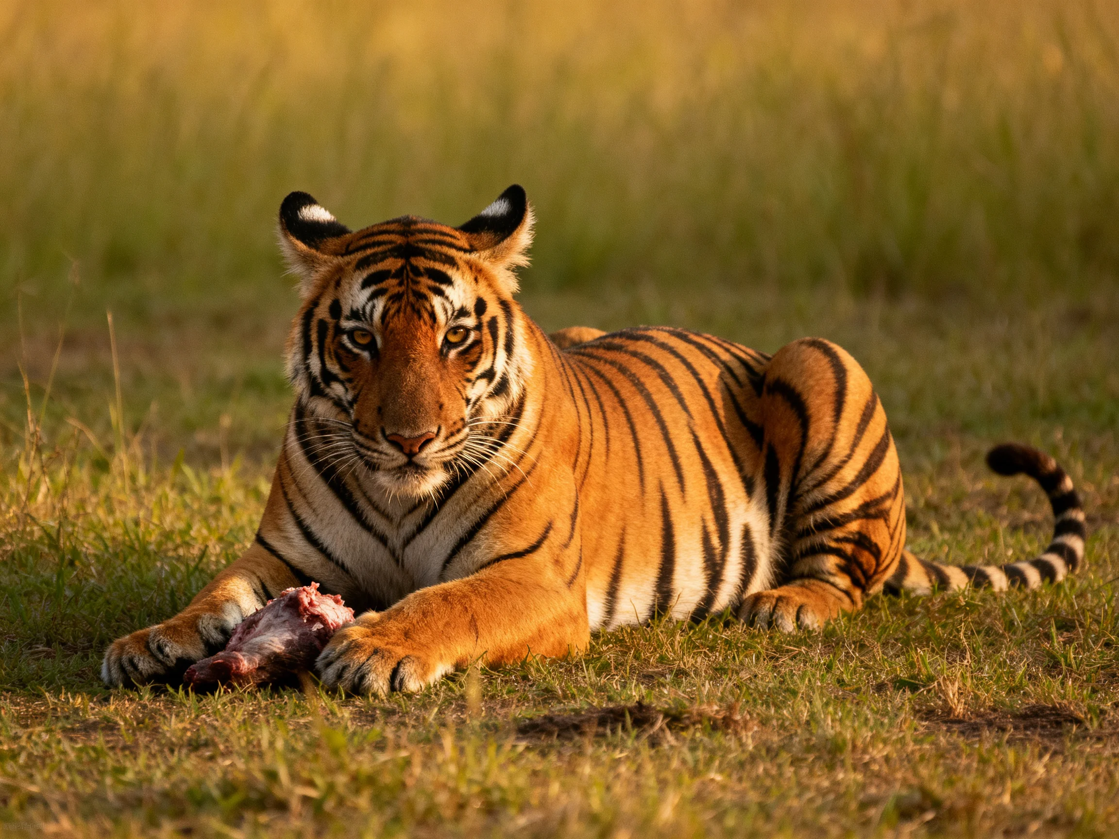 An orange tiger rests on grass with prey in a sunlit area.