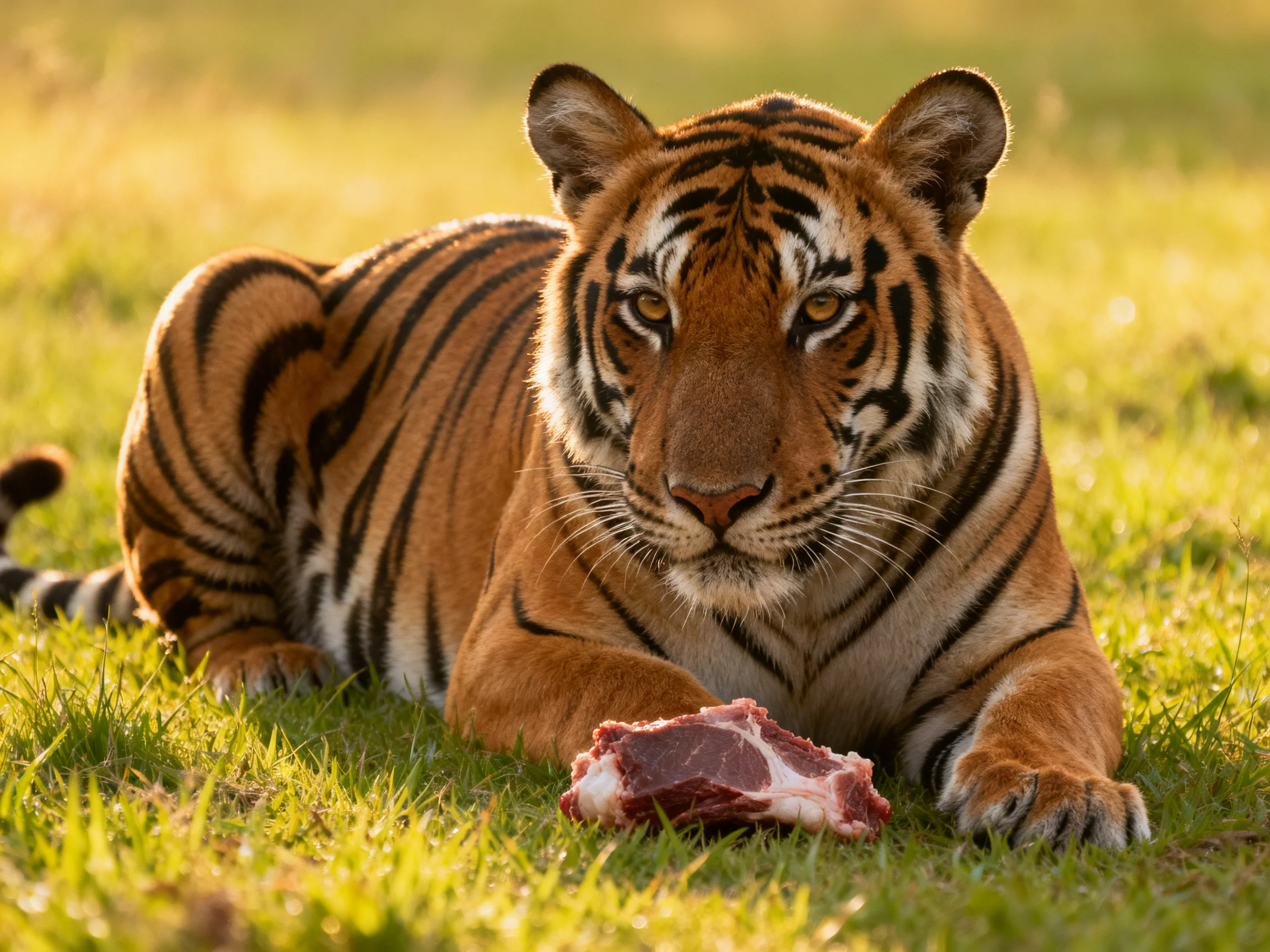 An orange tiger relaxes on grass with raw meat nearby