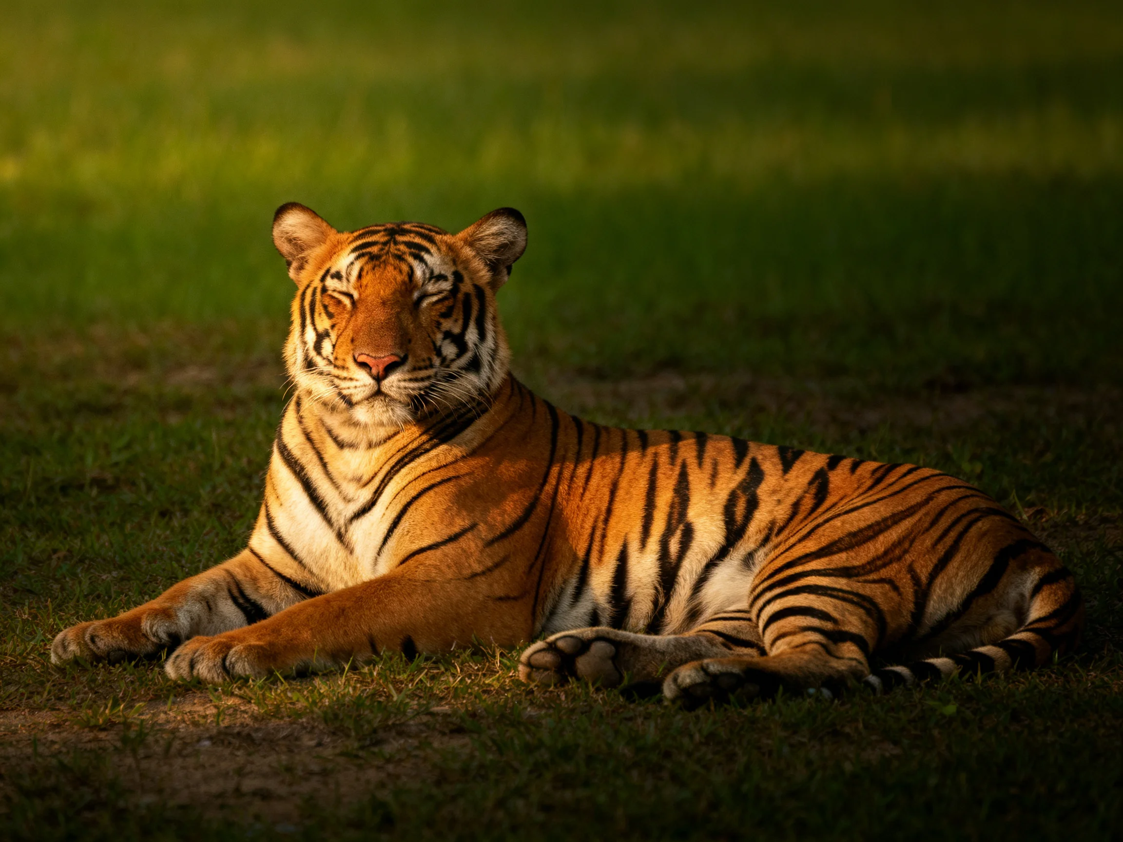 A majestic orange tiger relaxes on green grass.
