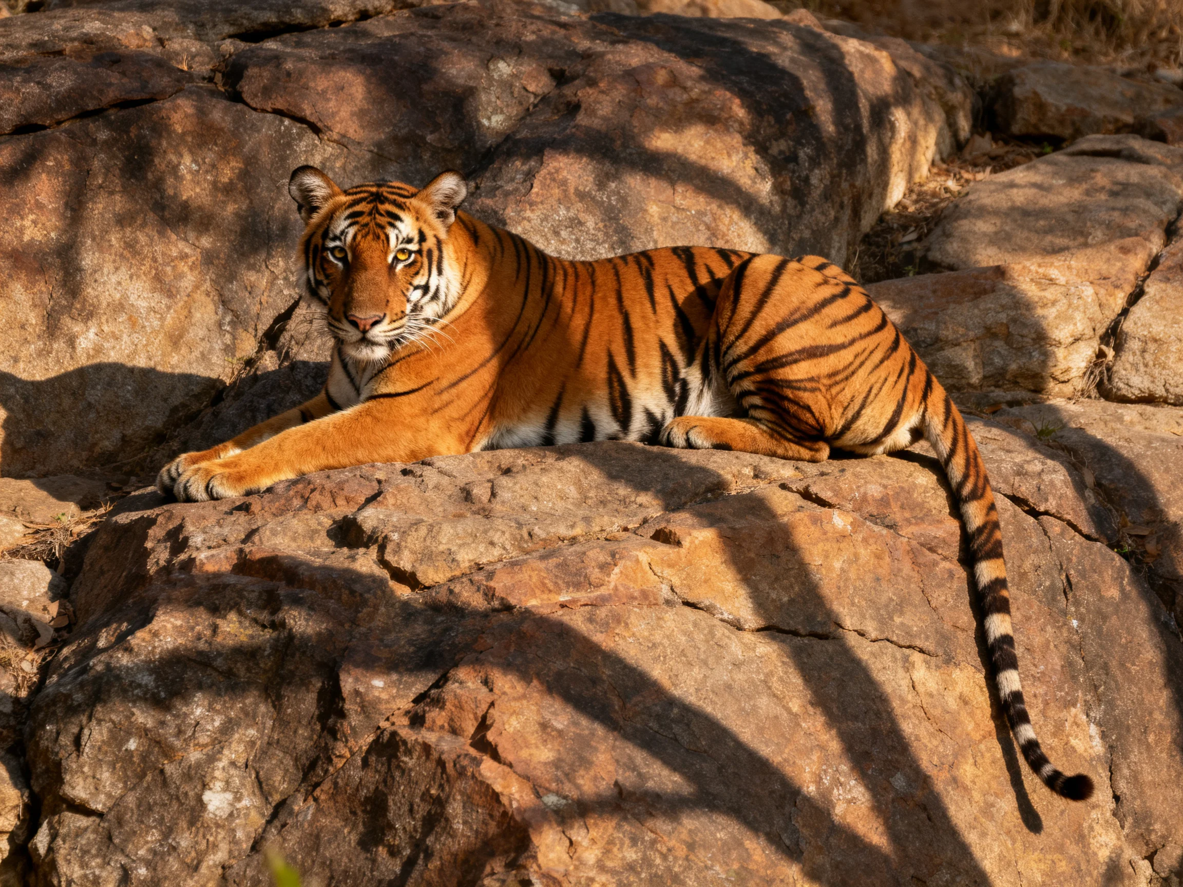 An orange tiger lies on brown rocks in sunlight.
