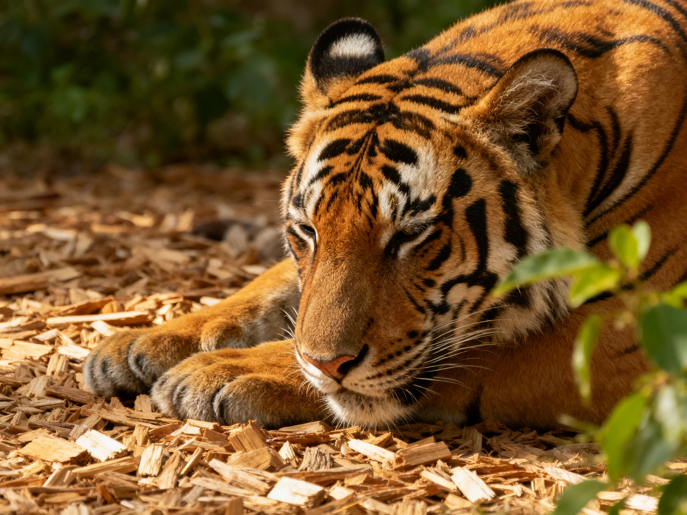An orange tiger with black stripes relaxes on wood chips in a natural environment.