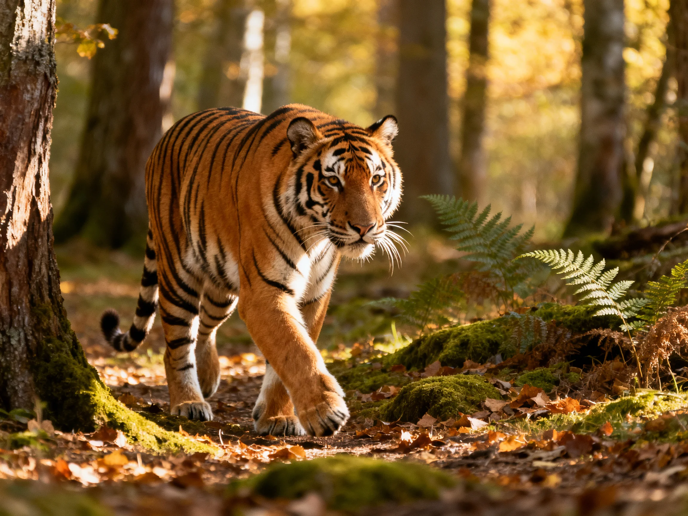 A tiger walks through a sunlit forest filled with moss and fallen leaves.