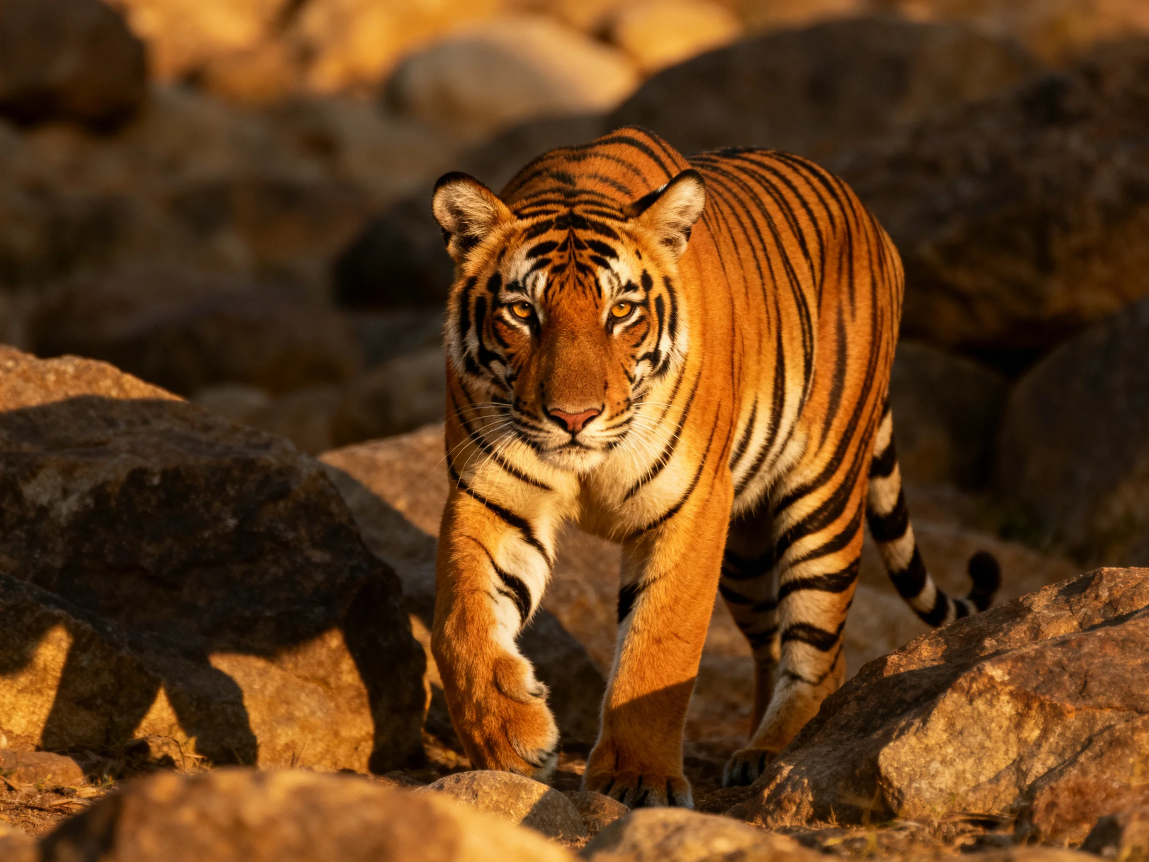 An orange tiger navigates rocky terrain under warm sunlight.