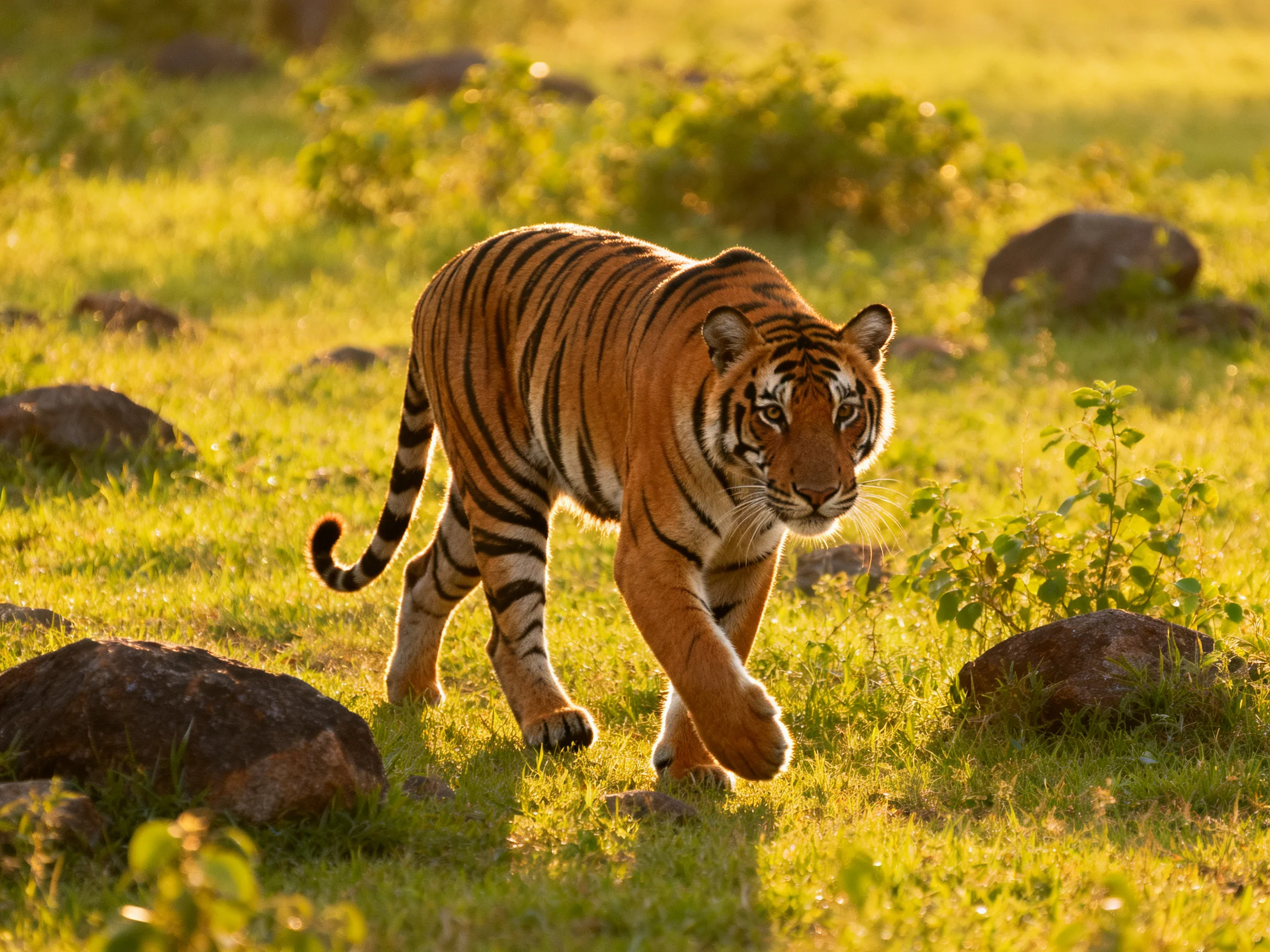 An orange tiger moves through a sunlit grassy area with rocks