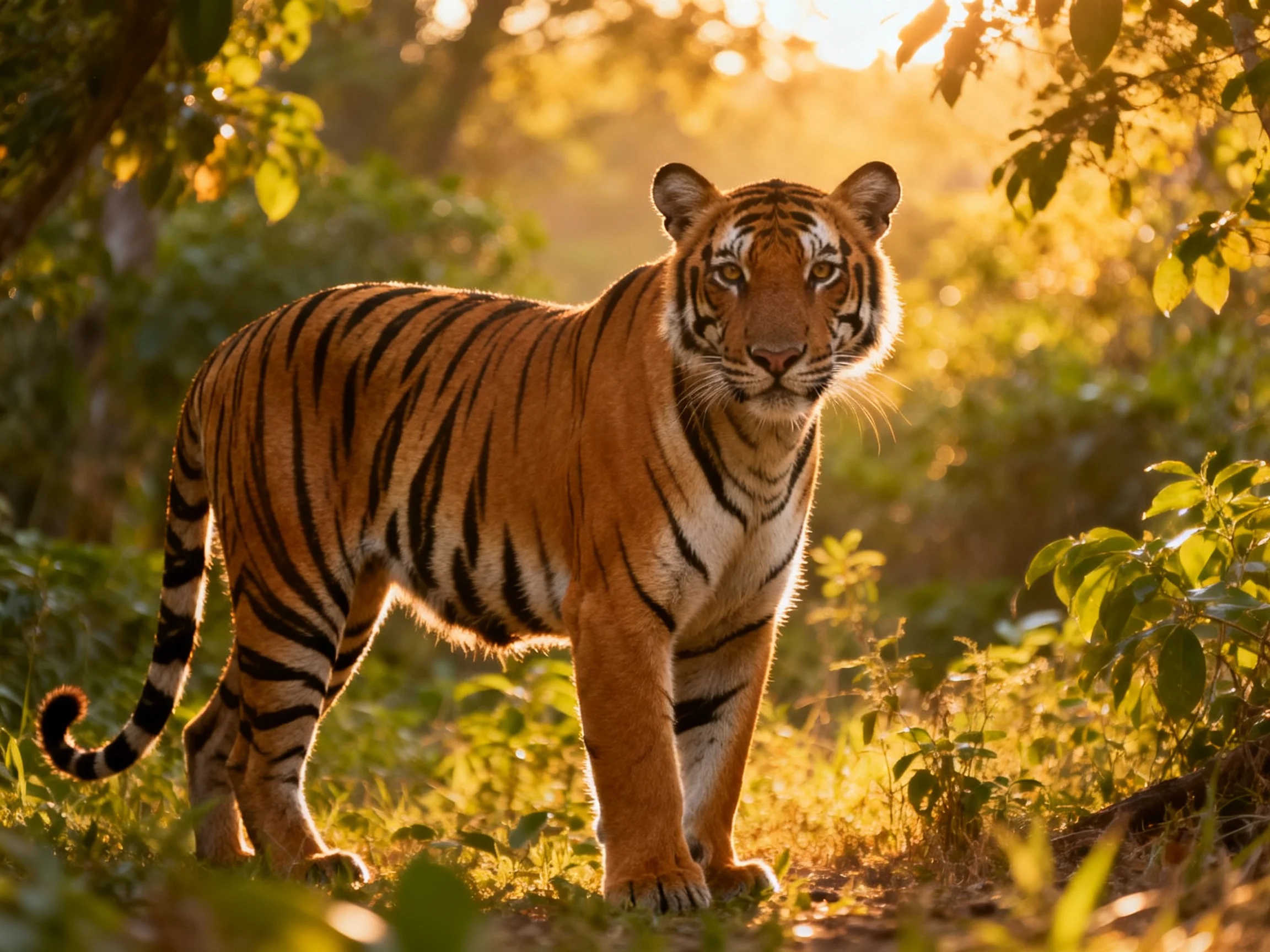 An orange tiger stands alert in a sunlit forest with lush greenery.
