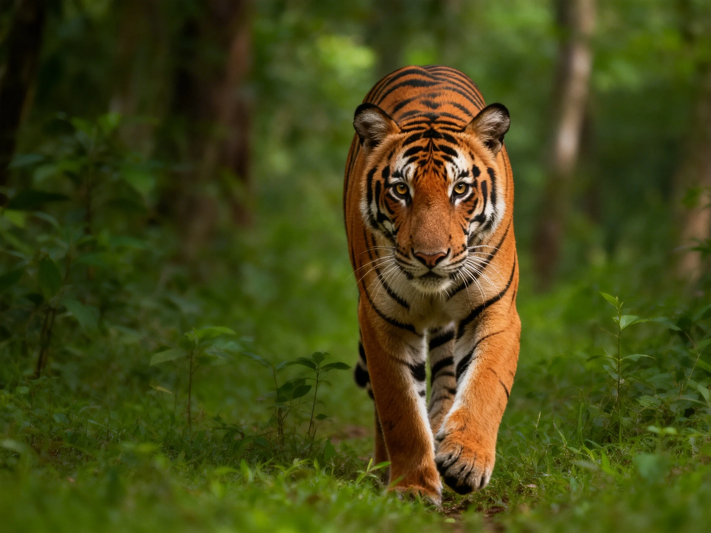 A majestic orange tiger moves through a lush green forest.