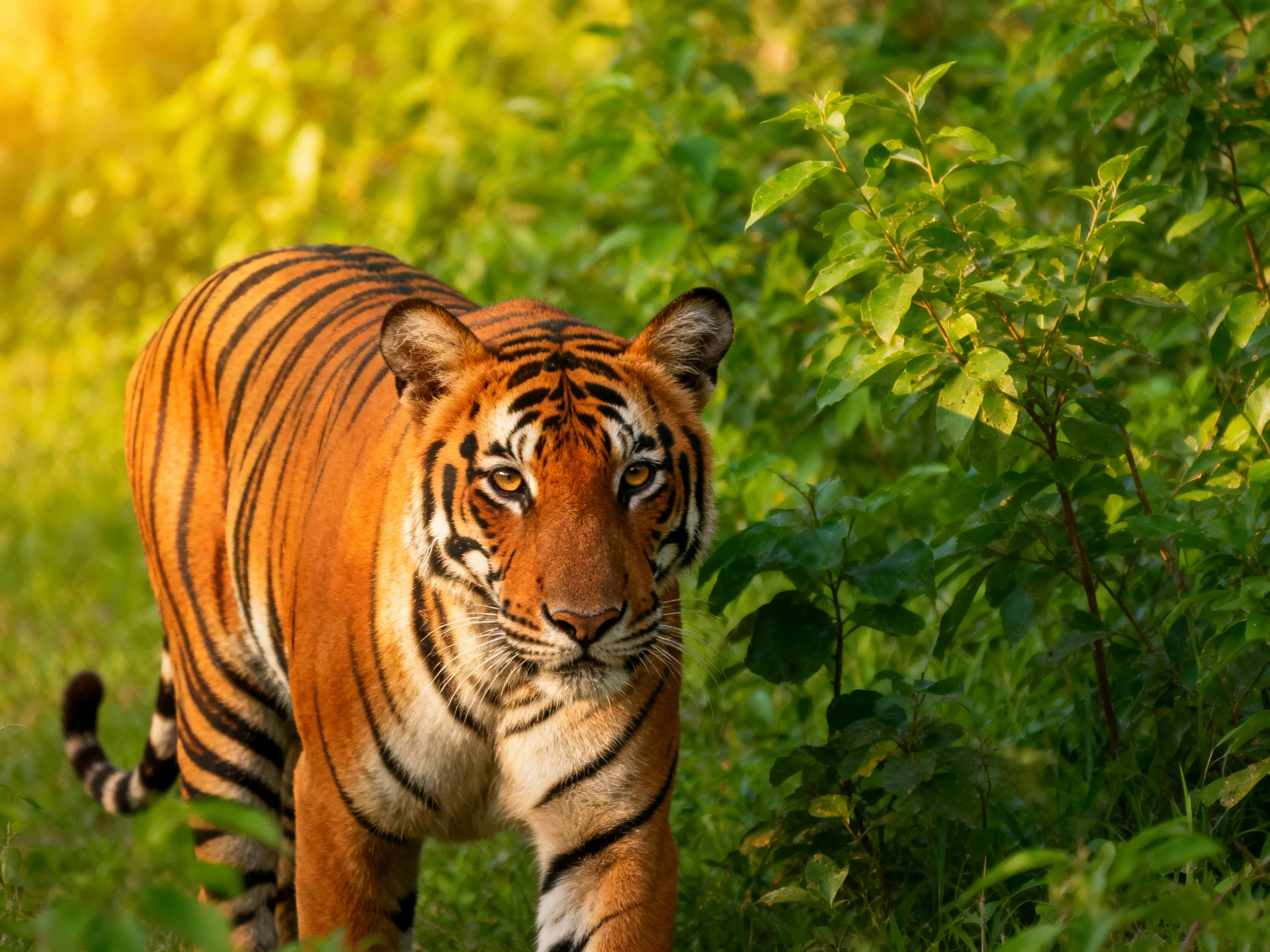 An orange tiger moves through dense greenery under golden sunlight.