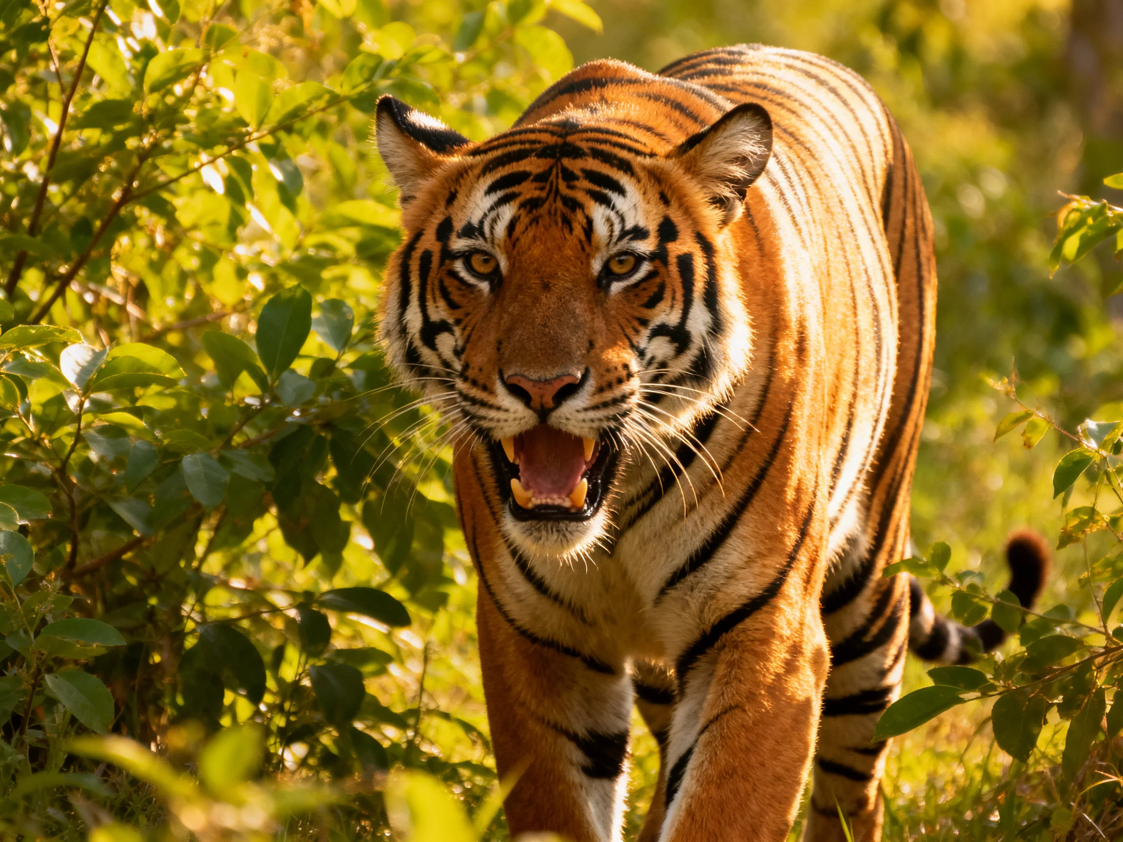 A tiger navigates dense greenery under bright sunlight