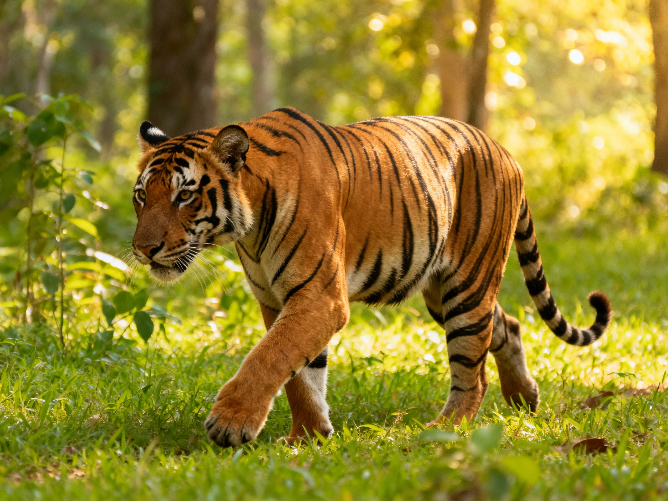 An orange tiger walks through a sunlit green forest setting.