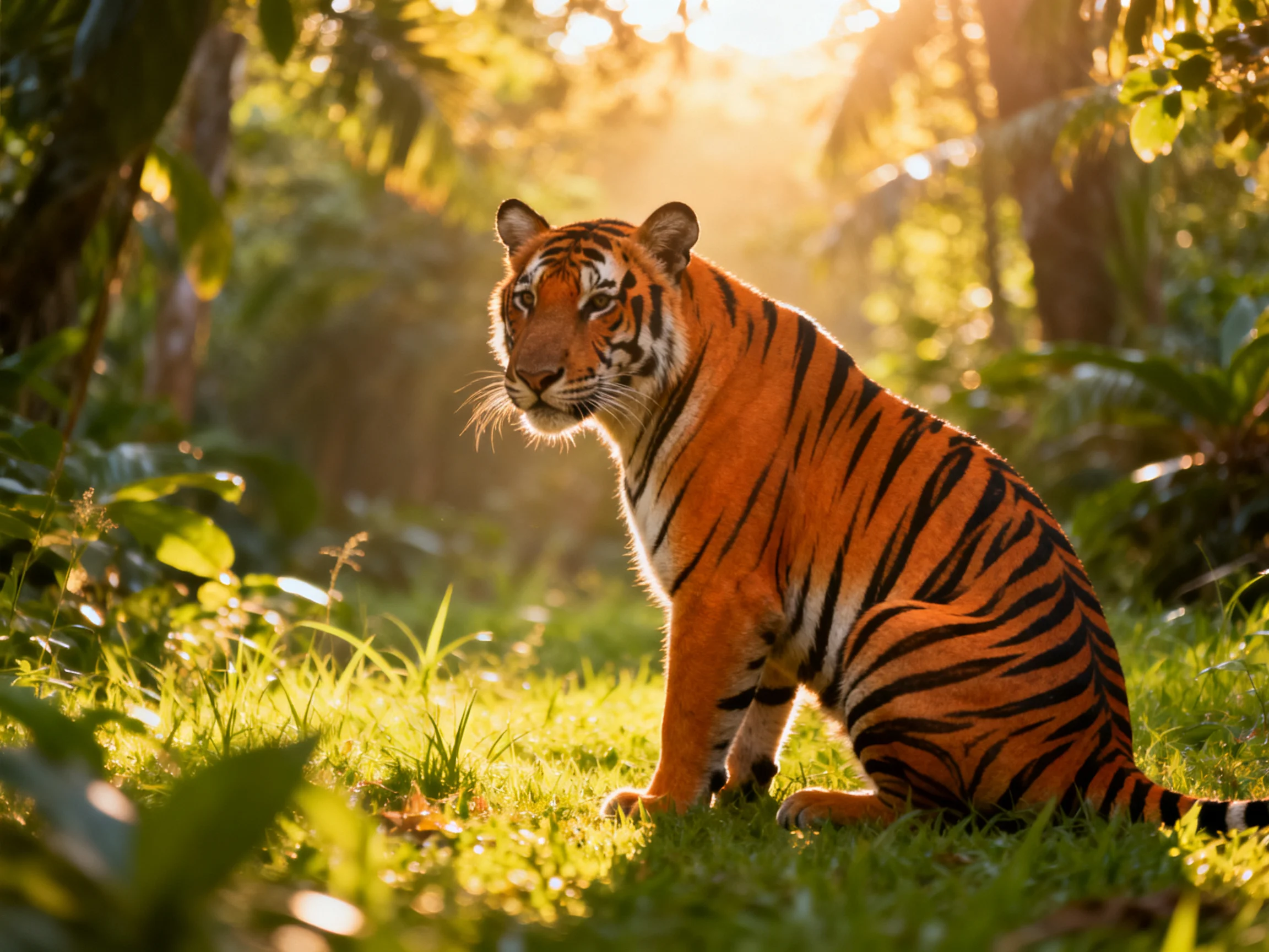An orange tiger with black stripes rests in a sunlit forest clearing.