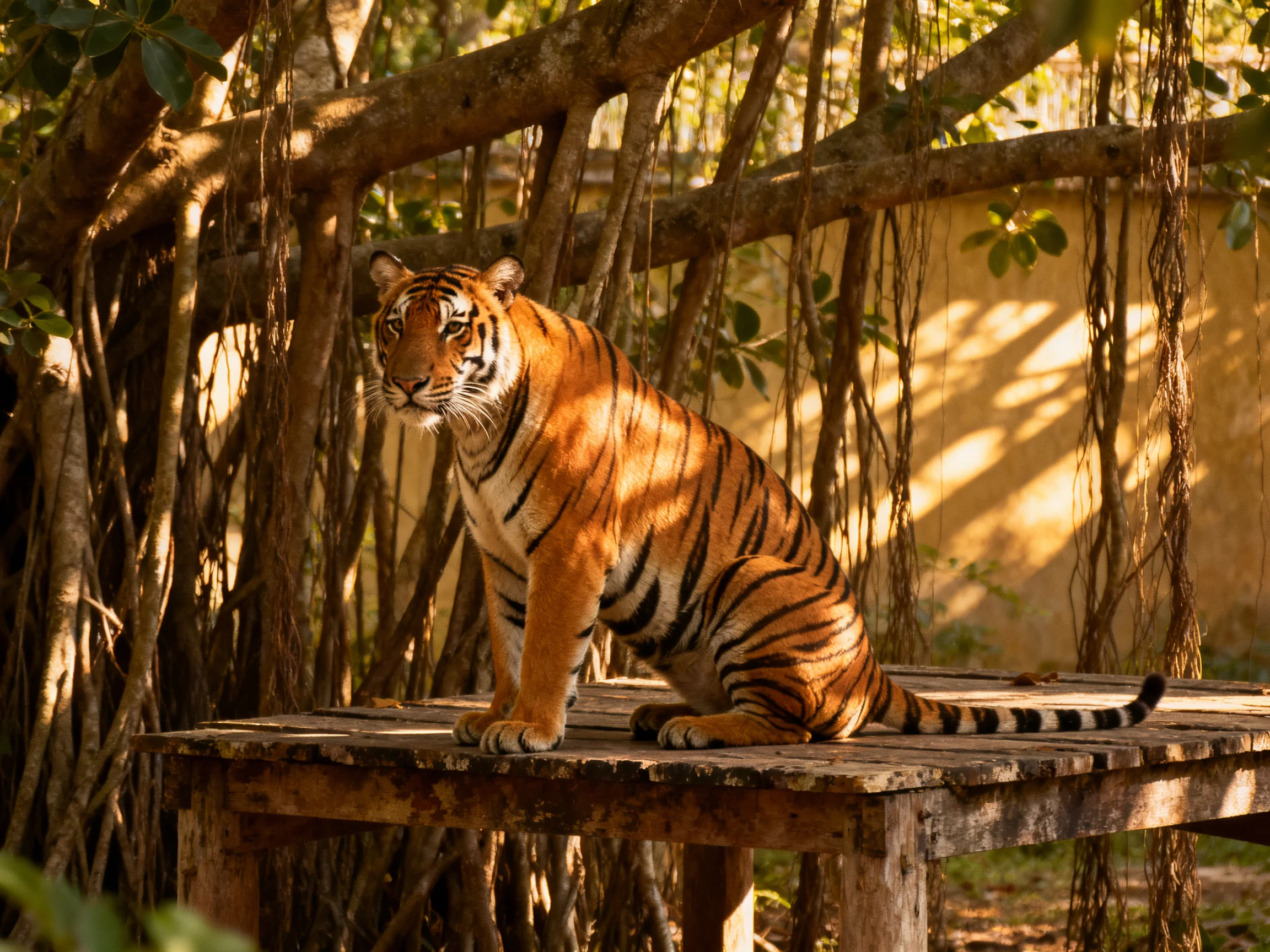 An orange tiger sits calmly on a wooden structure surrounded by dense vegetation.