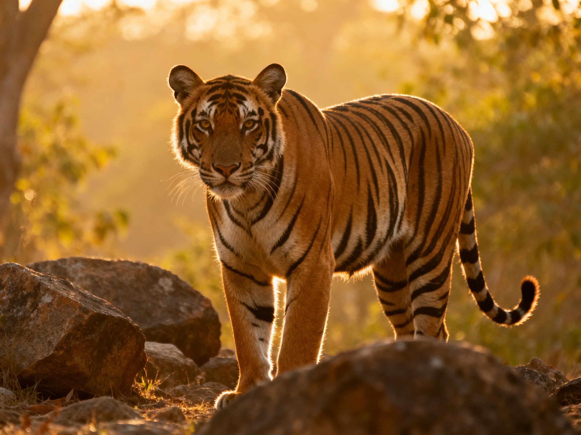 An orange tiger moves through rocky terrain illuminated by golden sunlight.