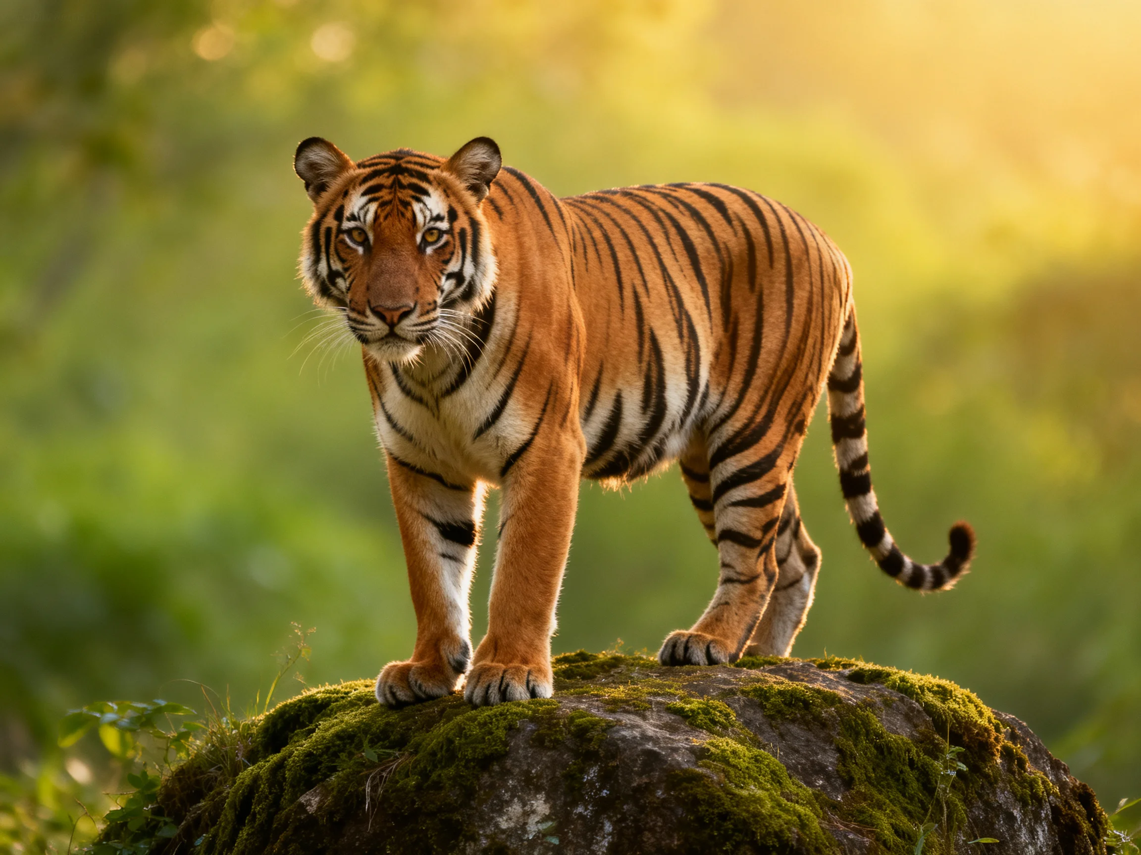 An orange tiger stands alertly on a mossy rock amid a sunlit forest backdrop.