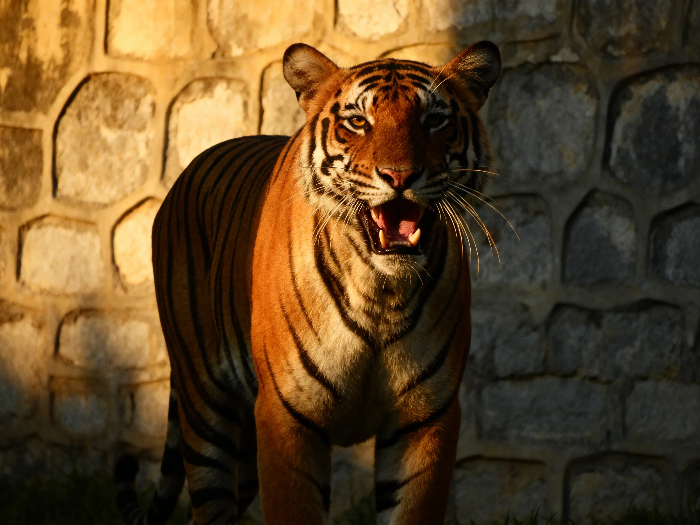 An orange tiger stands before an aged stone wall with its mouth open.