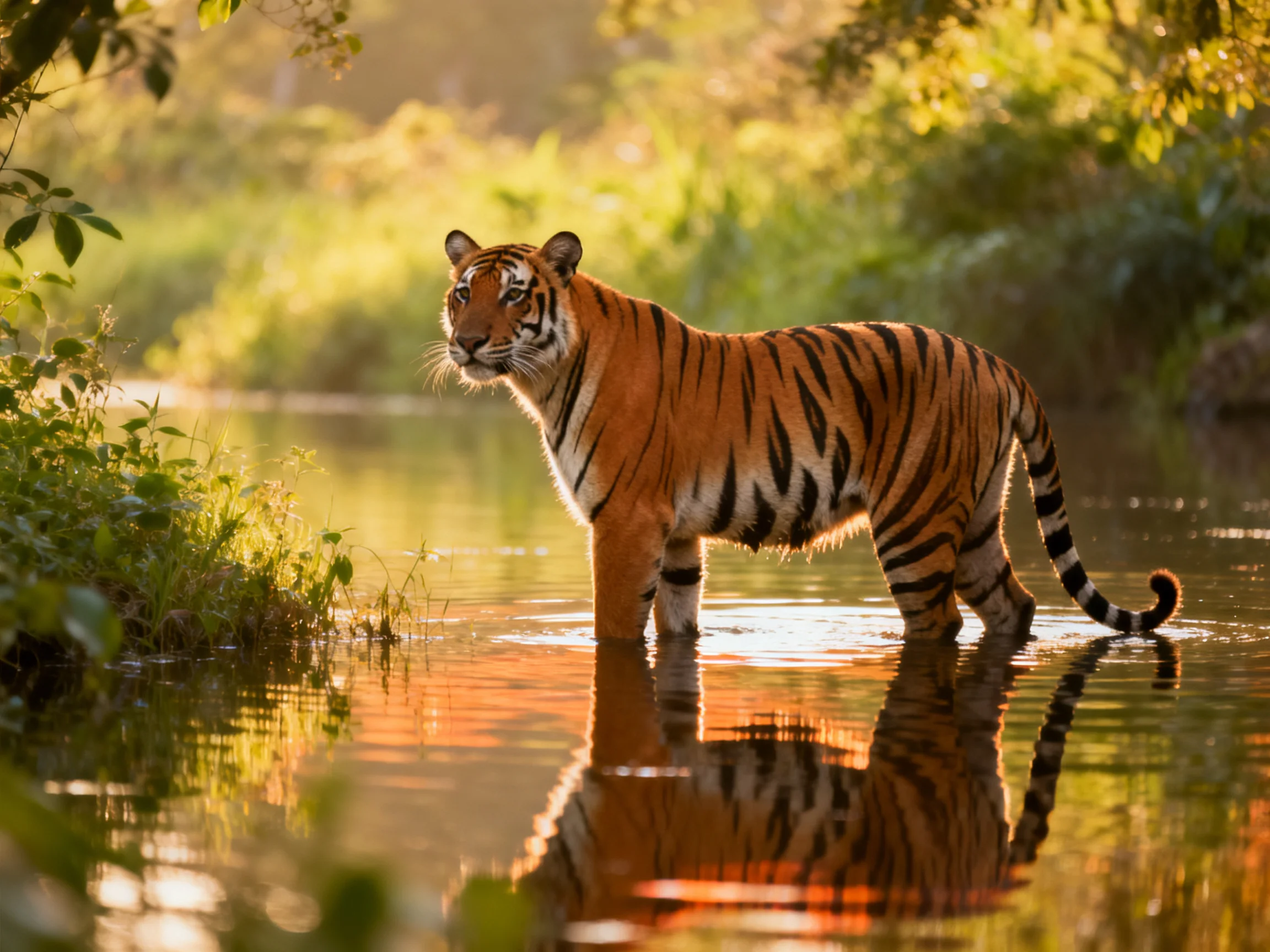 An orange tiger wades through calm water surrounded by lush vegetation.