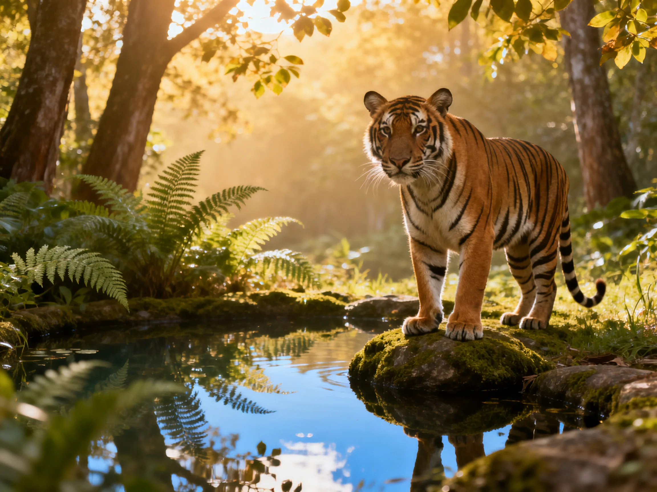 A tiger stands on a mossy rock near a forest pond in sunlight.