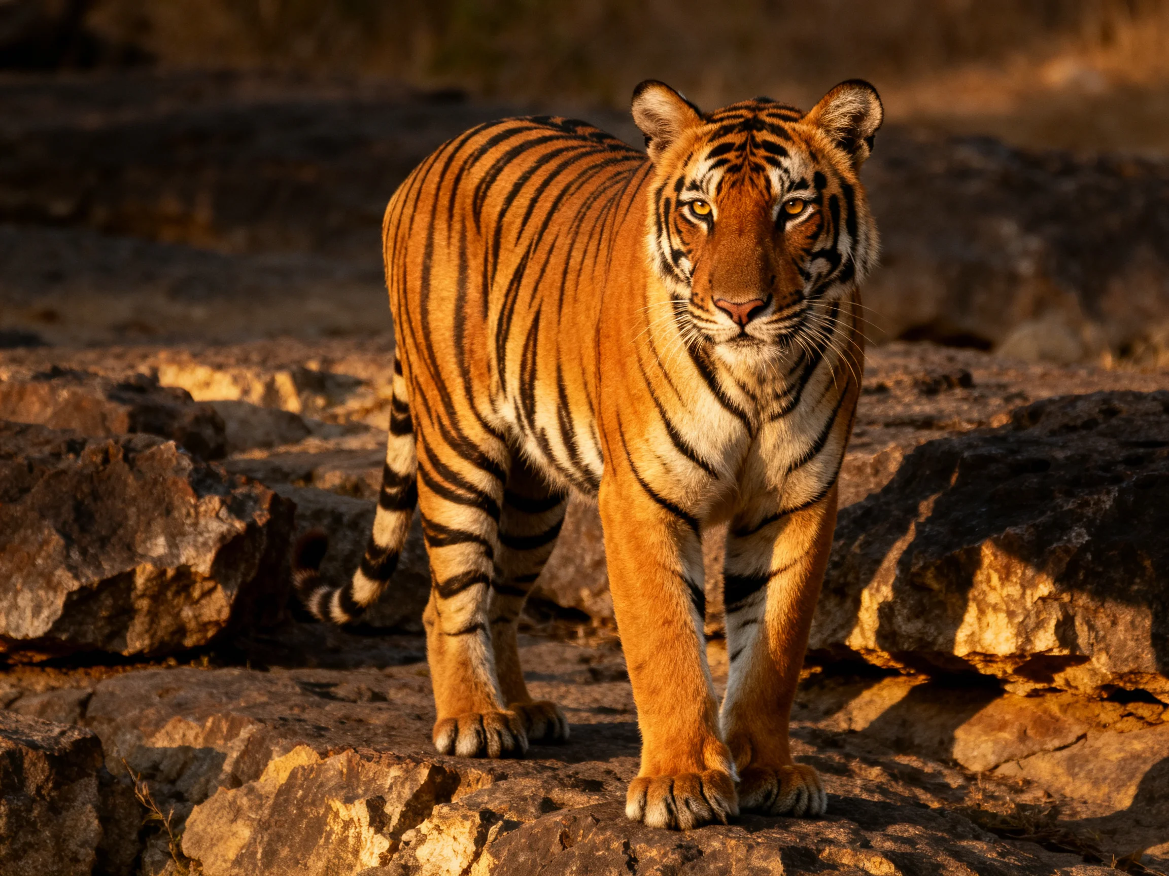 A majestic orange tiger walks across rugged rocks lit by golden sunlight.