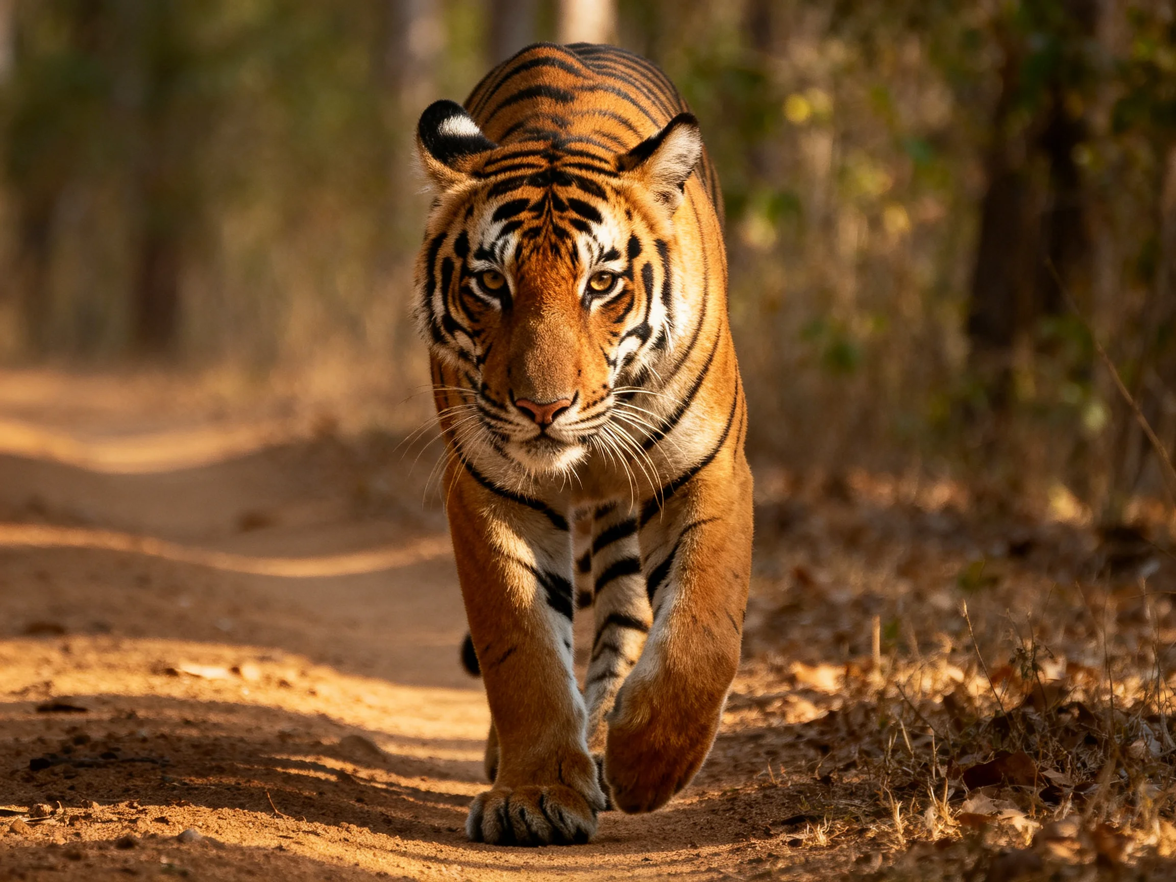 An orange tiger walks purposefully along a dirt path in a sun-dappled forest.