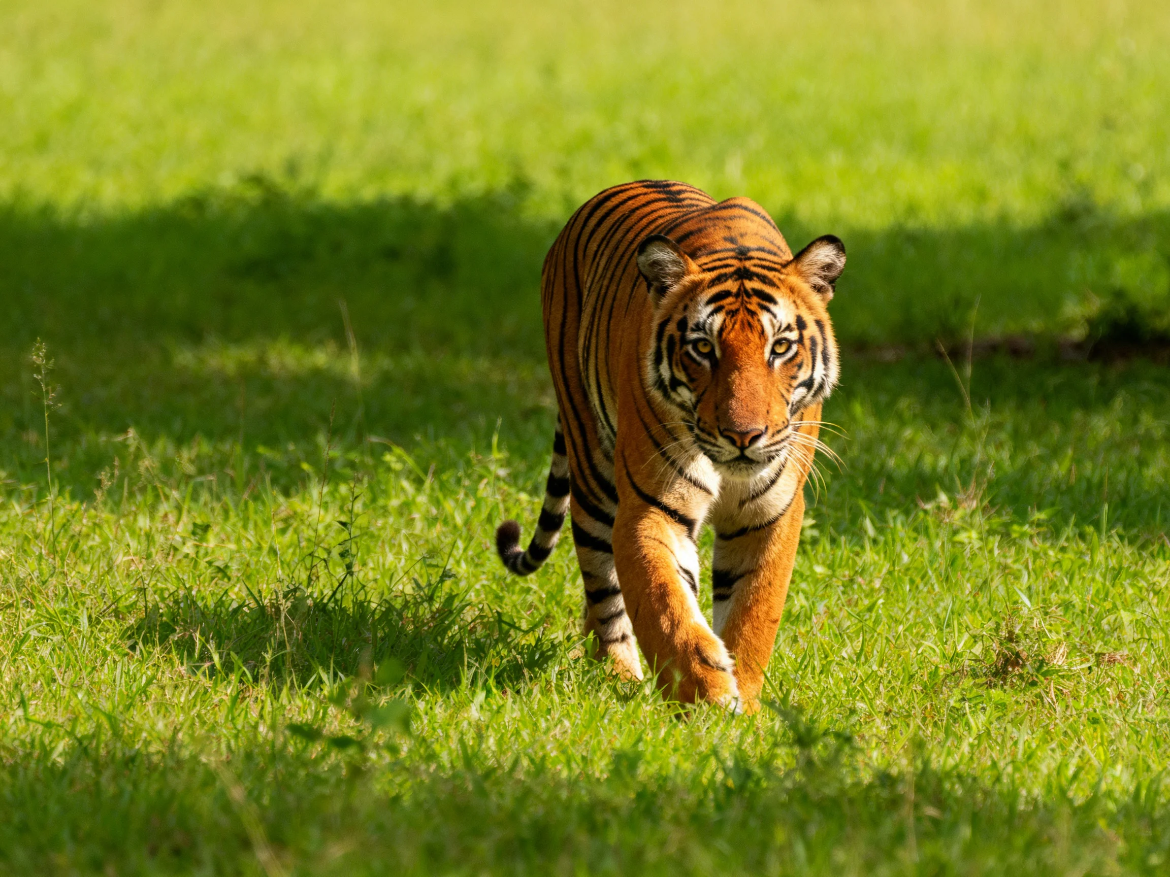 An orange tiger walks purposefully through sunlit green grass